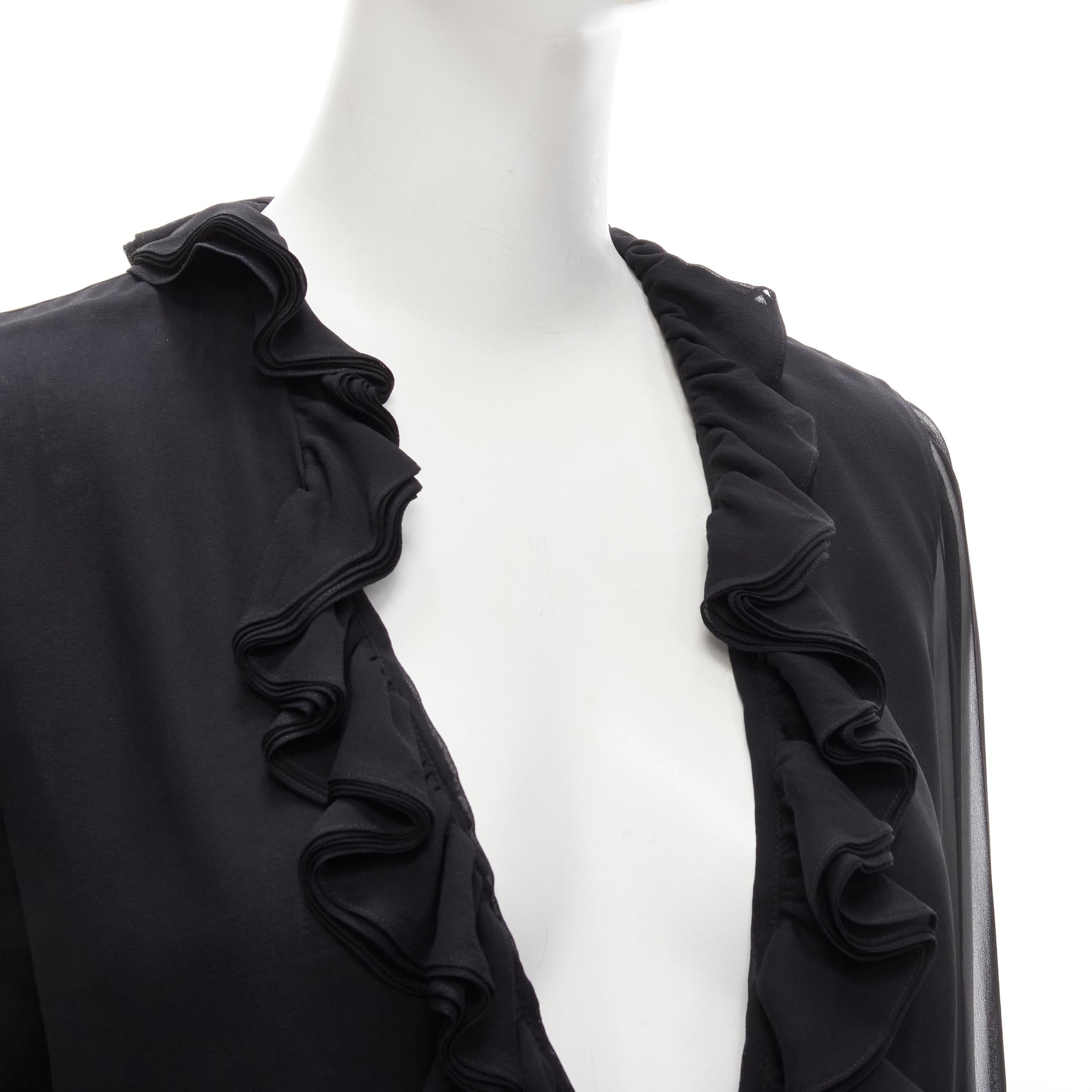 GUCCI TOM FORD 100% silk black ruffle trim plunge neck blouse IT38 XS For Sale 4