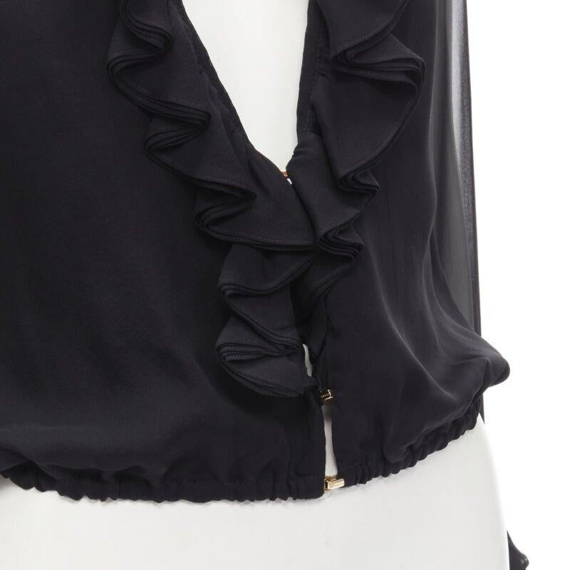 GUCCI TOM FORD 100% silk black ruffle trim plunge neck blouse IT38 XS 4