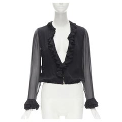 GUCCI TOM FORD 100% silk black ruffle trim plunge neck blouse IT38 XS