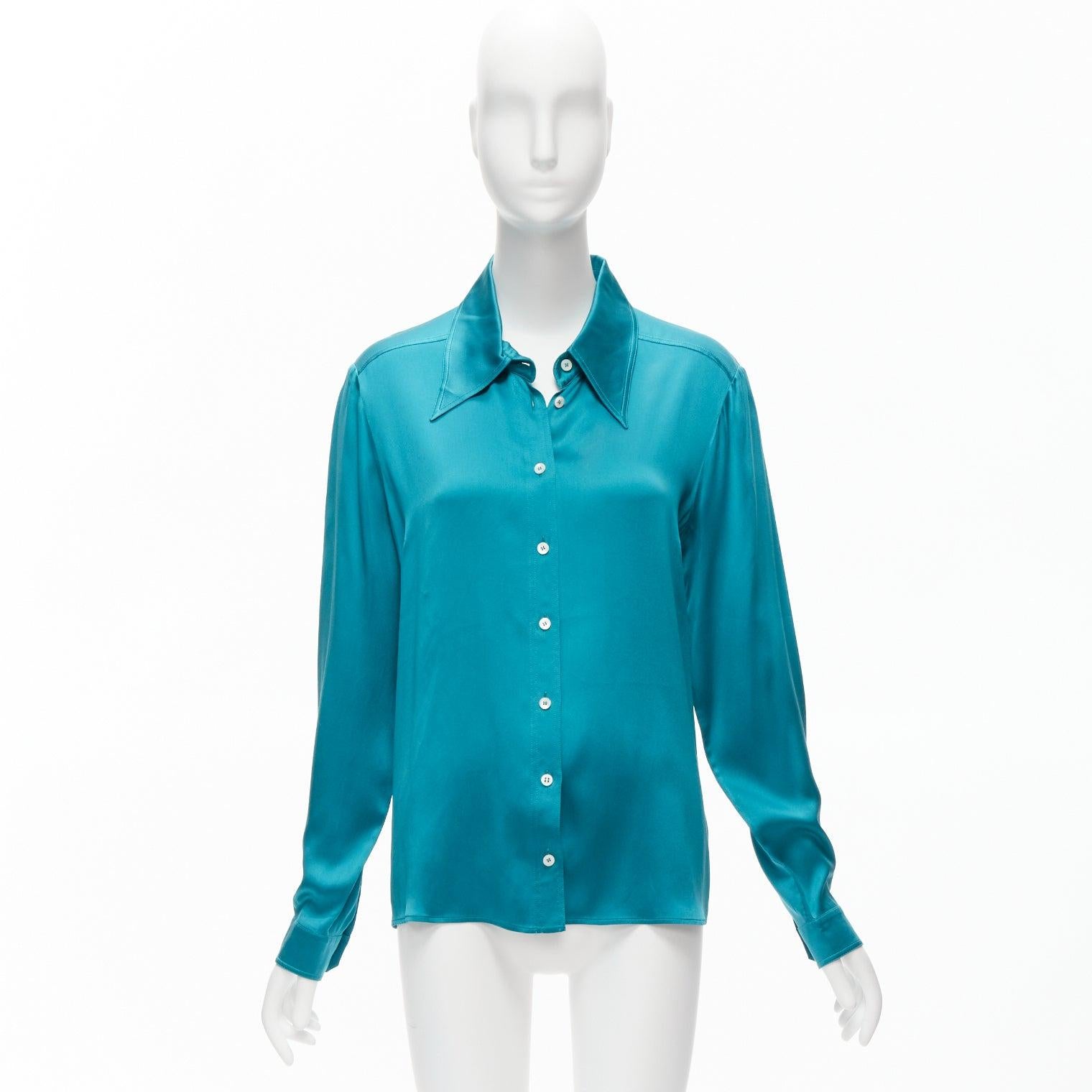 GUCCI Tom Ford 1995 Vintage blue silk long sleeve wide collar shirt IT46 XL Mad 4
