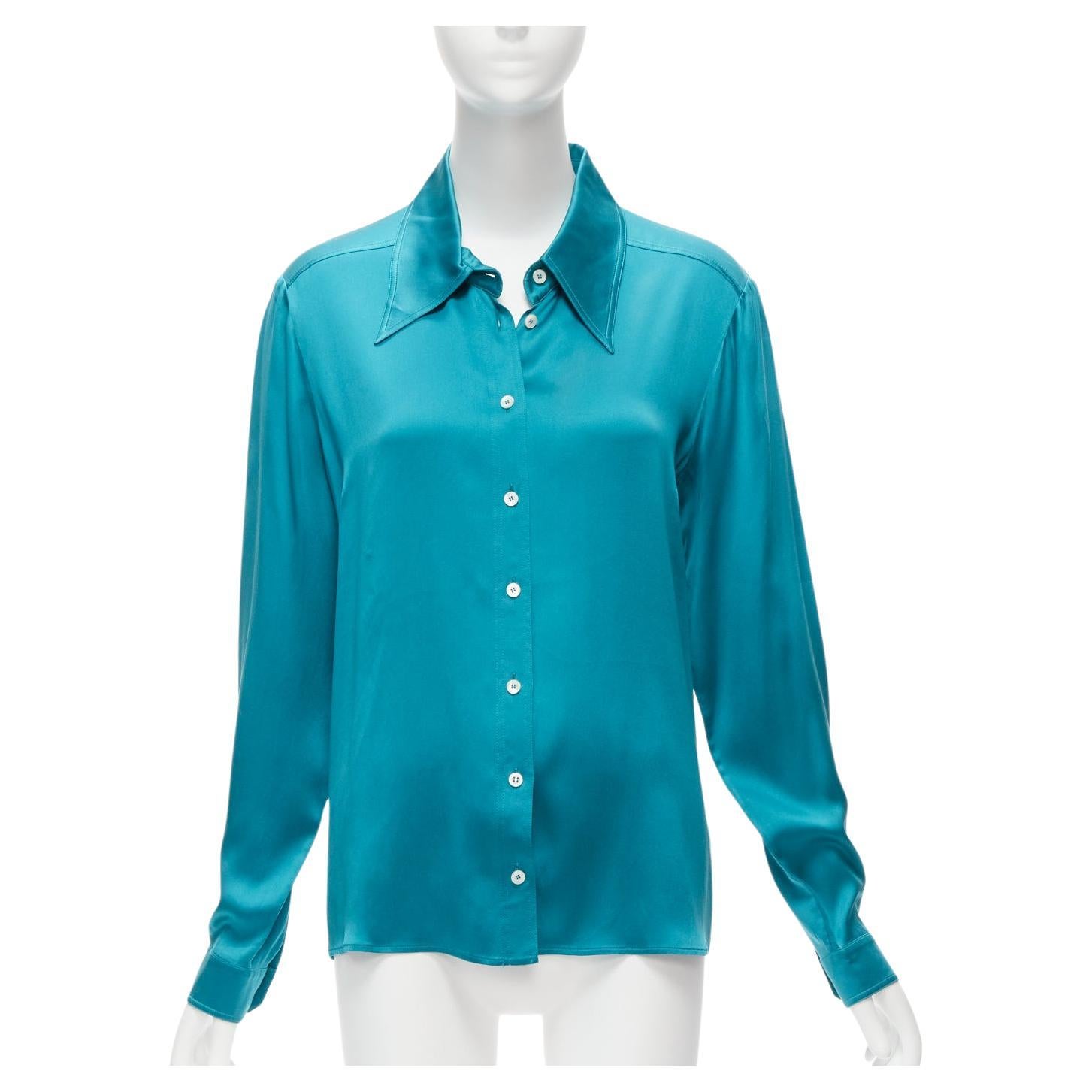 GUCCI Tom Ford 1995 Vintage teal blue silk blend long sleeve wide collar dress s For Sale