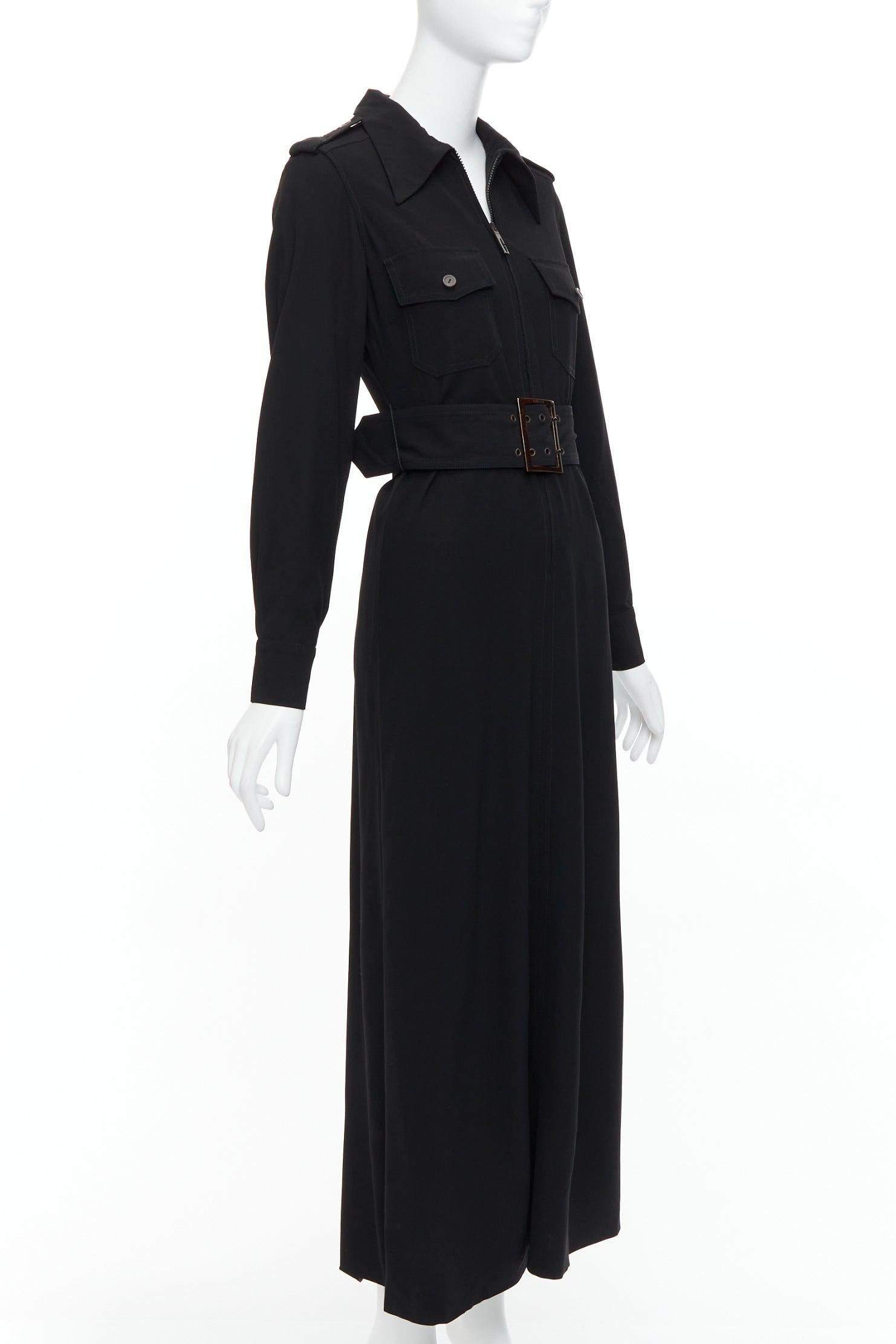 Black GUCCI Tom Ford 1996 black virgin wool belted military safari dress For Sale