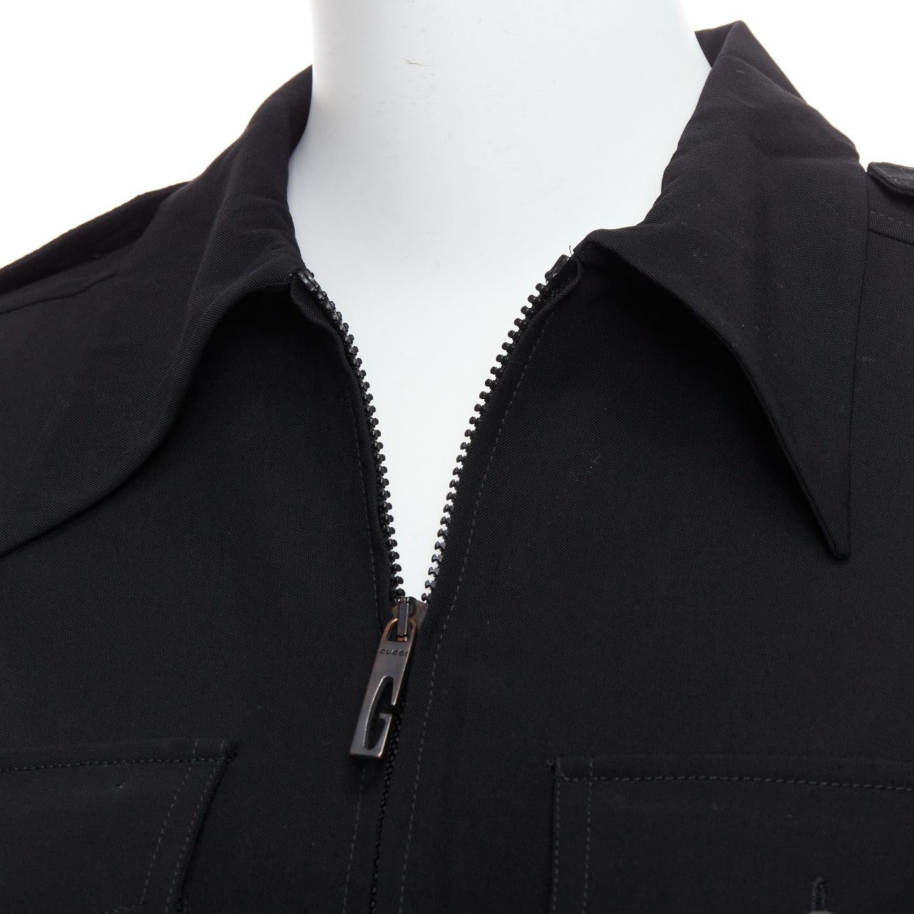 GUCCI Tom Ford 1996 black virgin wool belted military safari dress For Sale 2