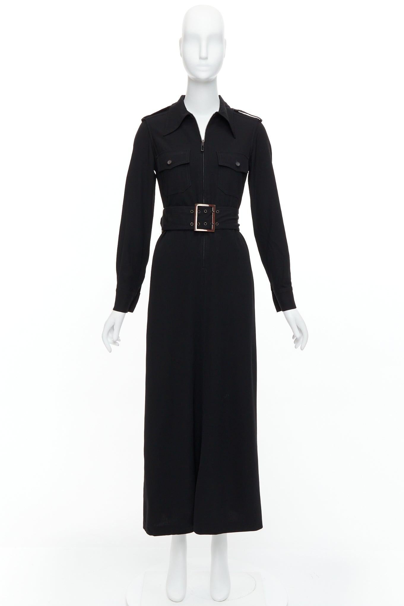 GUCCI Tom Ford 1996 black virgin wool belted military safari dress For Sale 4