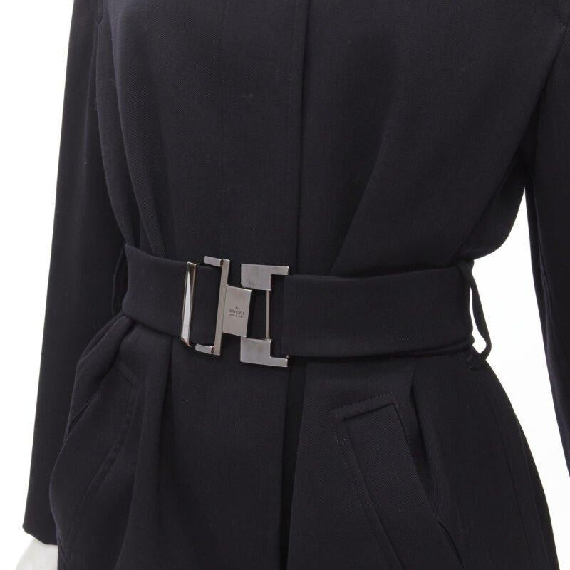 GUCCI TOM FORD 1998 Vintage black wool minimalist oversized belted coat IT38
Reference: ANWU/A00739
Brand: Gucci
Designer: Tom Ford
Collection: 1998
Material: Wool
Color: Black
Pattern: Solid
Closure: Button
Lining:  Rayon
Extra Details: Detachable