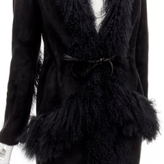 GUCCI TOM FORD 1999 Runway black shearling fur suede leather belted coat IT38 XS