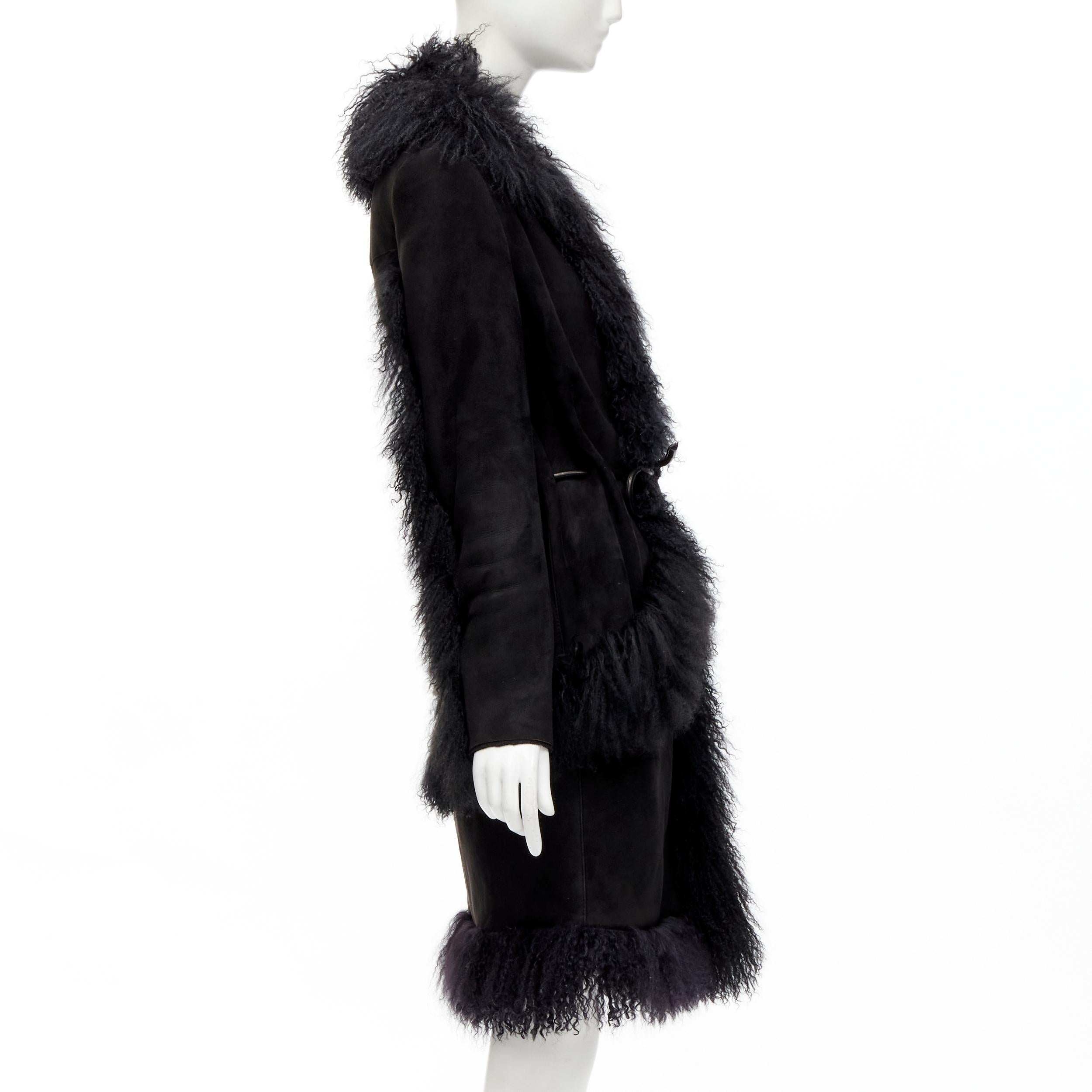 Women's GUCCI TOM FORD 1999 Runway black shearling fur suede leather belted coat IT38 XS
