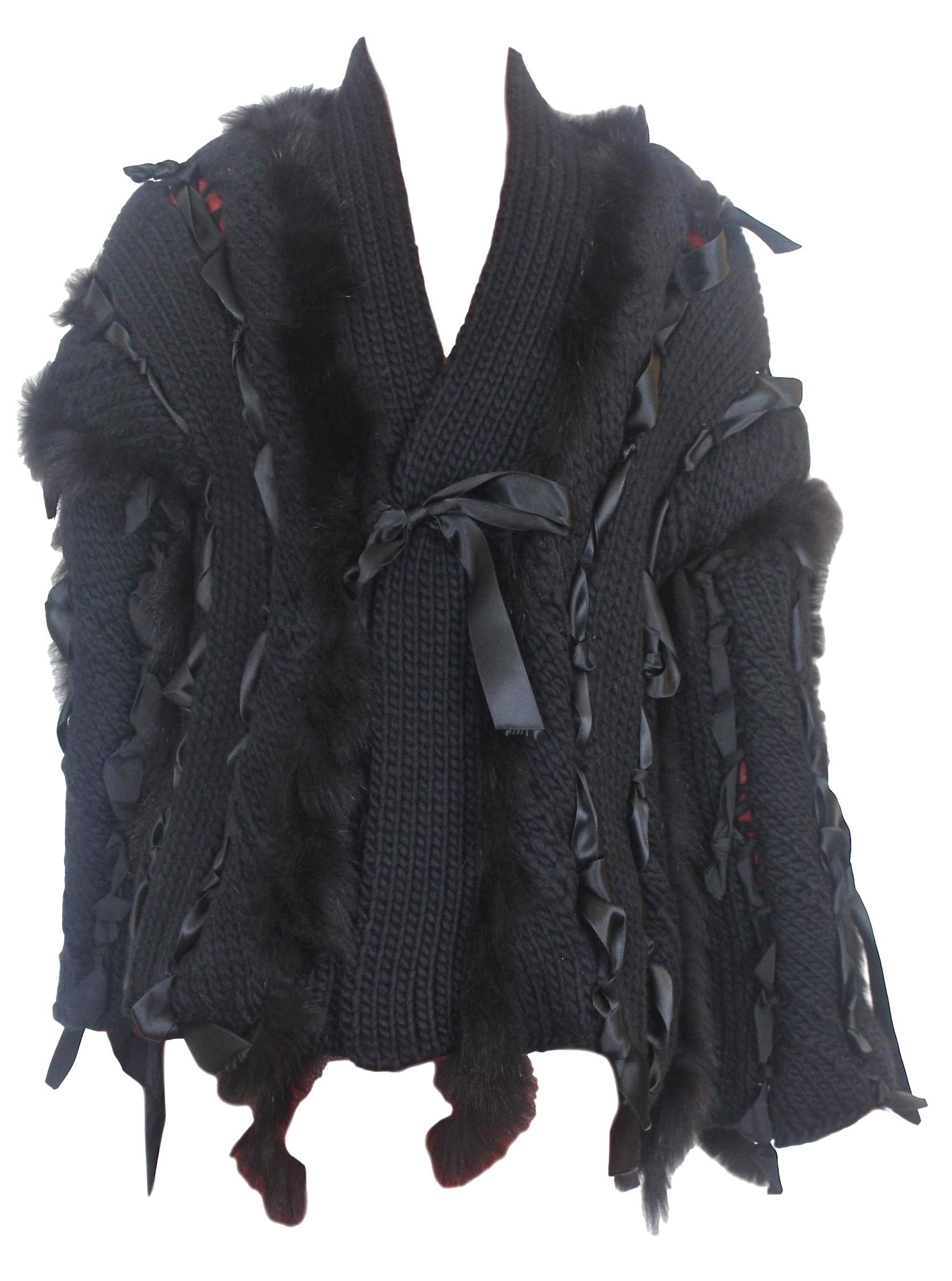 Black Gucci Tom Ford 2002 Collection Chunky Wool, Silk and Fox Hand Knit Cardigan