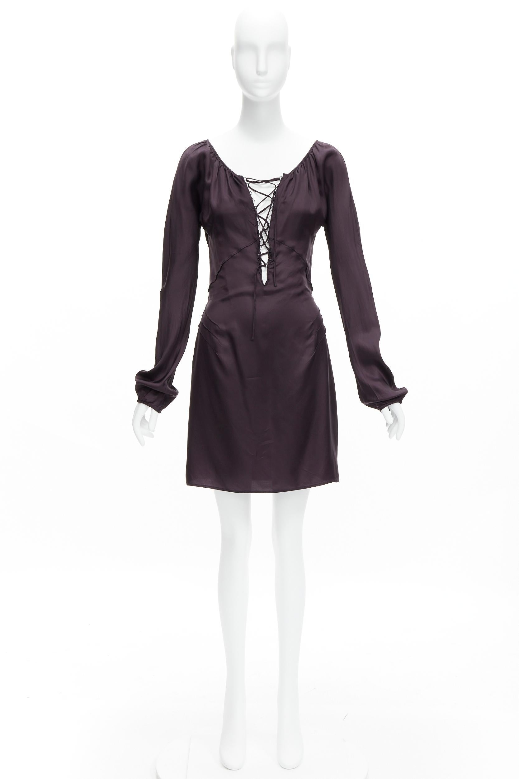 GUCCI Tom Ford 2002 Vintage dark purple satin laced neckline mini dress IT38 XS For Sale 6