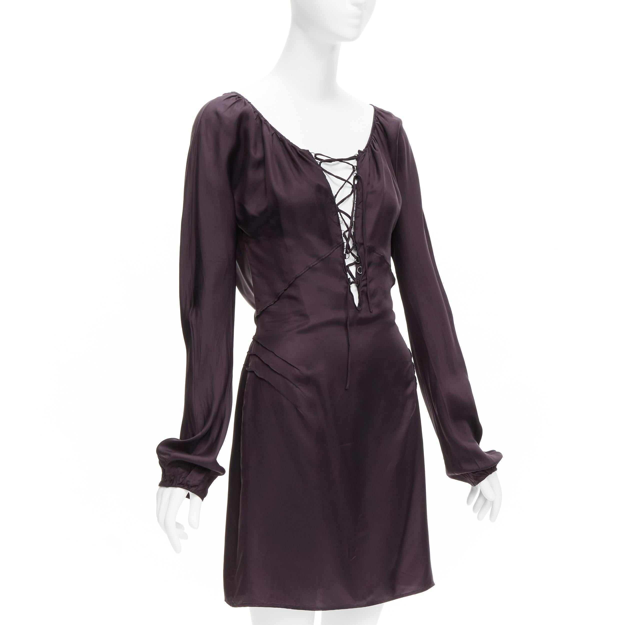 Black GUCCI Tom Ford 2002 Vintage dark purple satin laced neckline mini dress IT38 XS For Sale