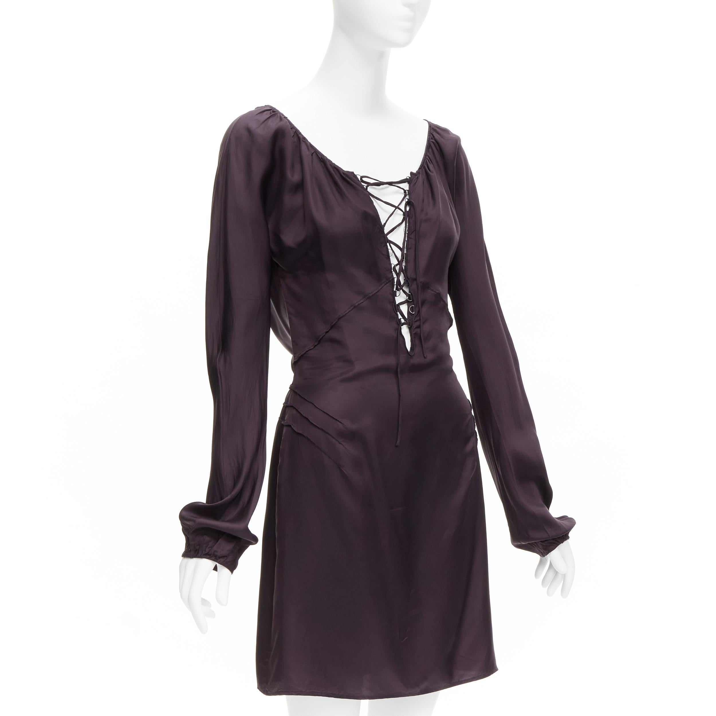 Black GUCCI Tom Ford 2002 Vintage dark purple satin laced neckline mini dress IT38 XS