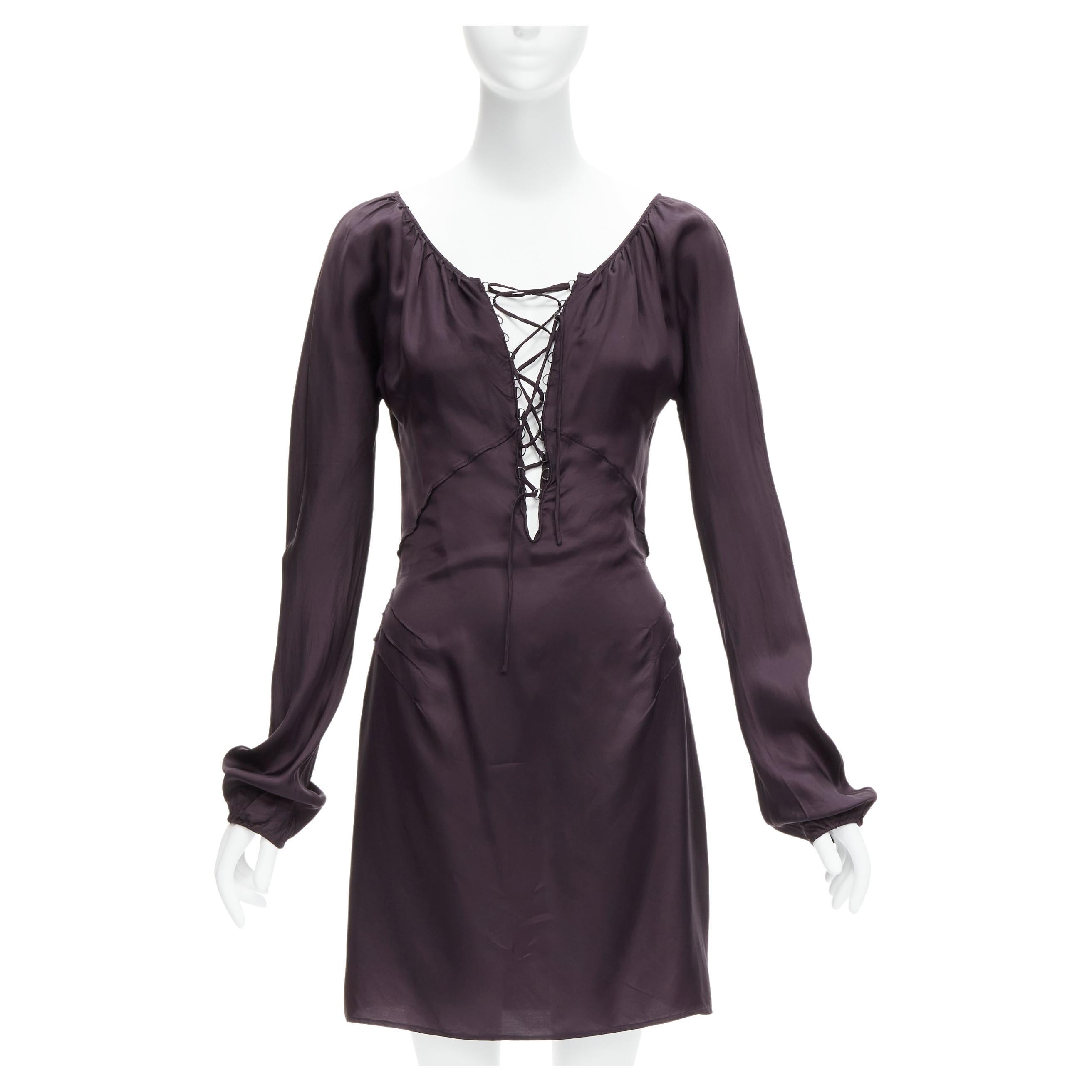 GUCCI Tom Ford 2002 Vintage dark purple satin laced neckline mini dress IT38 XS For Sale