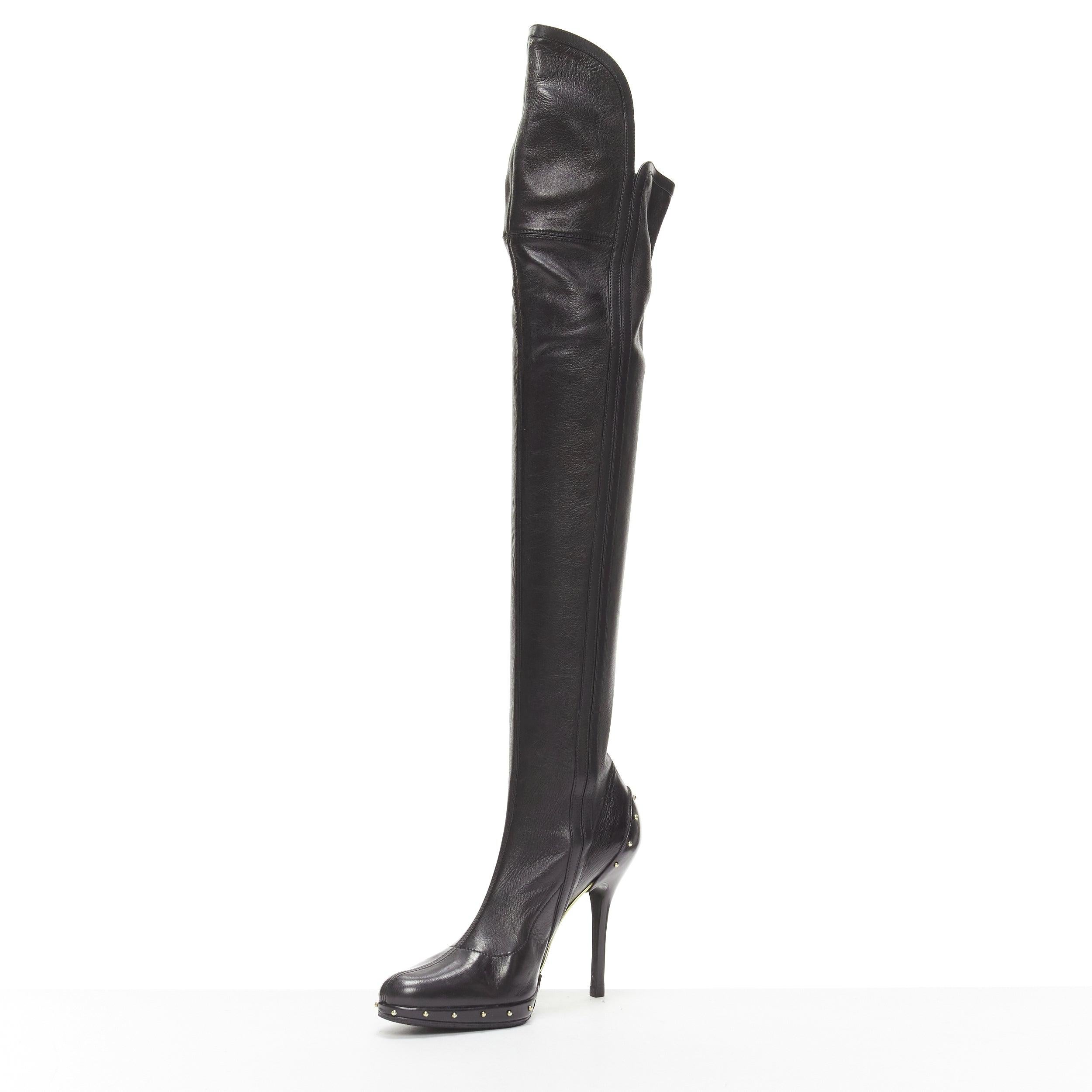 GUCCI TOM FORD 2003 Runway black leather studded thigh high boots EU37 In Good Condition In Hong Kong, NT
