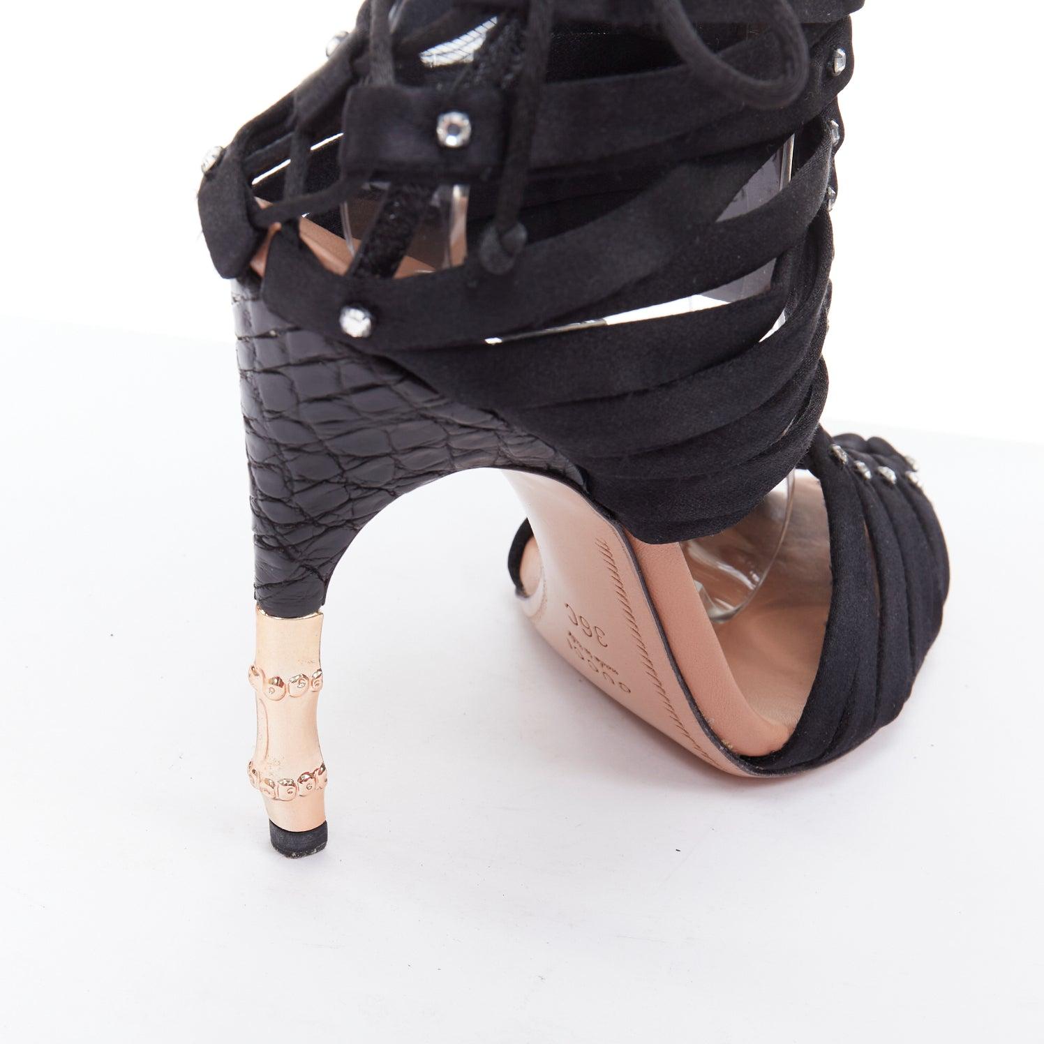 GUCCI Tom Ford 2004 Runway black satin corset crystal bamboo heels EU36C 3