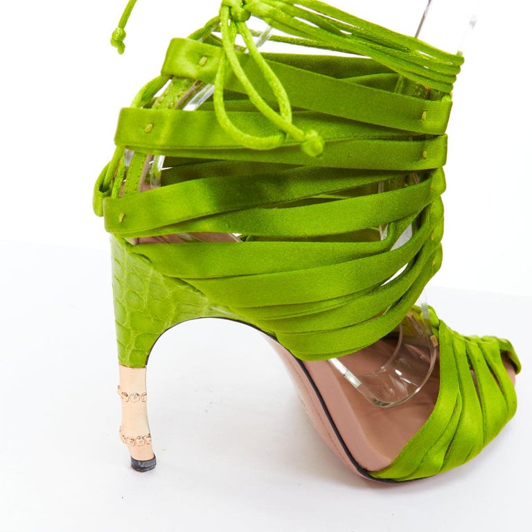 GUCCI Tom Ford 2004 Runway green satin corset gold bamboo sandal