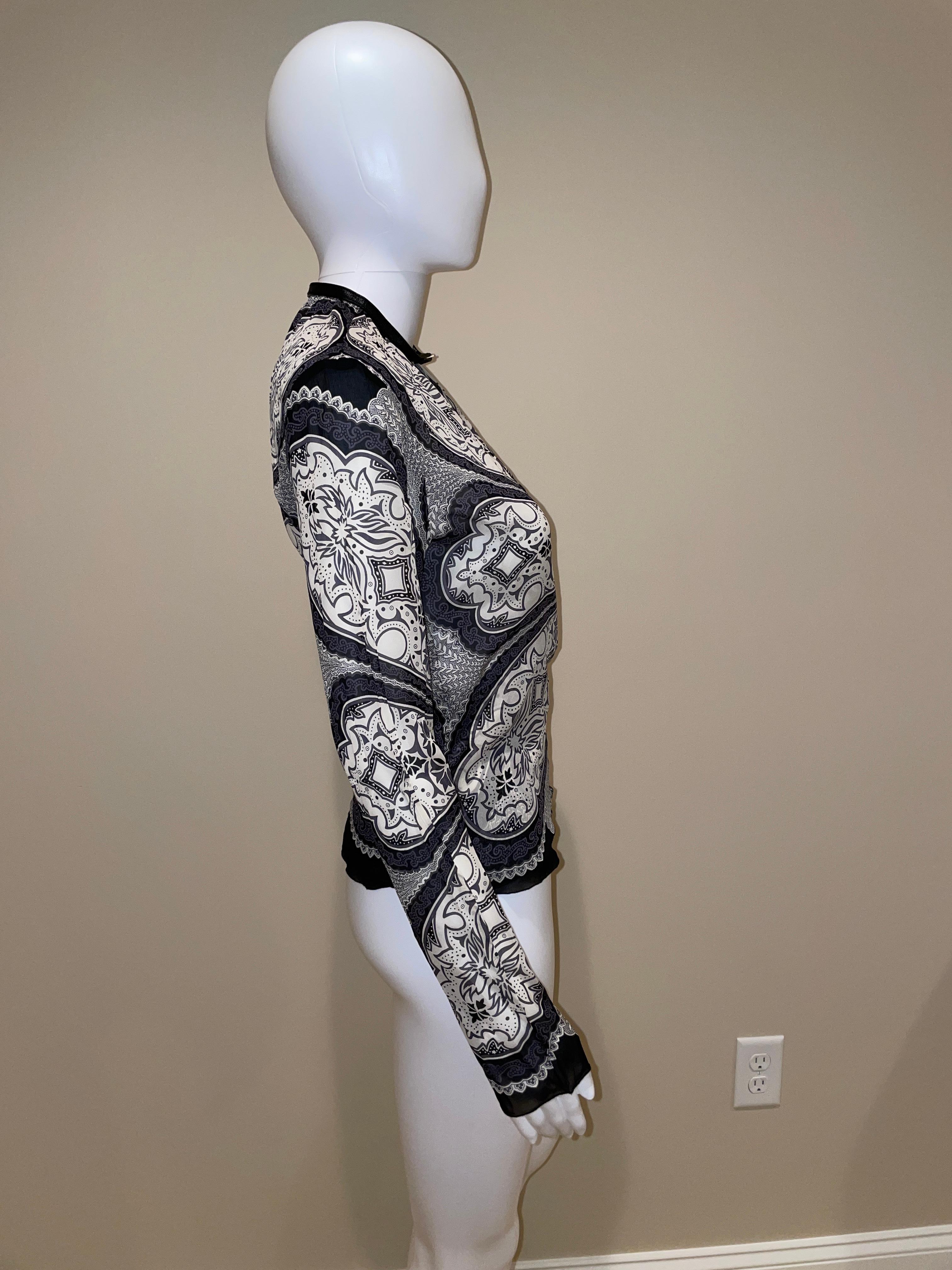 GUCCI TOM FORD 2004 vintage silk keyhole blouse gray paisley leather collar 2