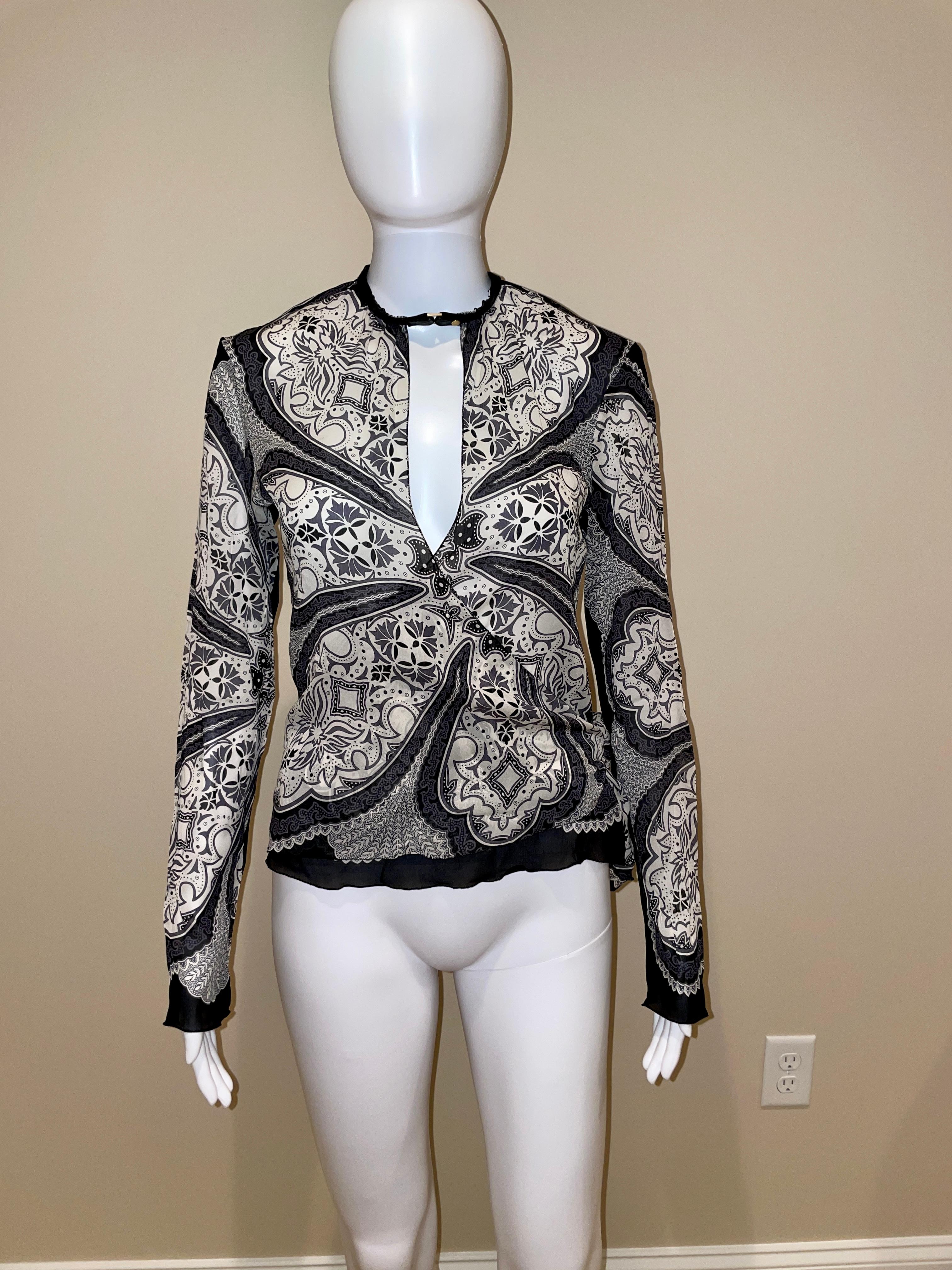 GUCCI TOM FORD 2004 vintage silk keyhole blouse gray paisley leather collar 5