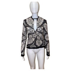 GUCCI TOM FORD 2004 vintage silk keyhole blouse gray paisley leather collar