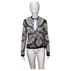 GUCCI TOM FORD 2004 camicetta vintage in seta con buco della serratura, collo in pelle grigio paisley