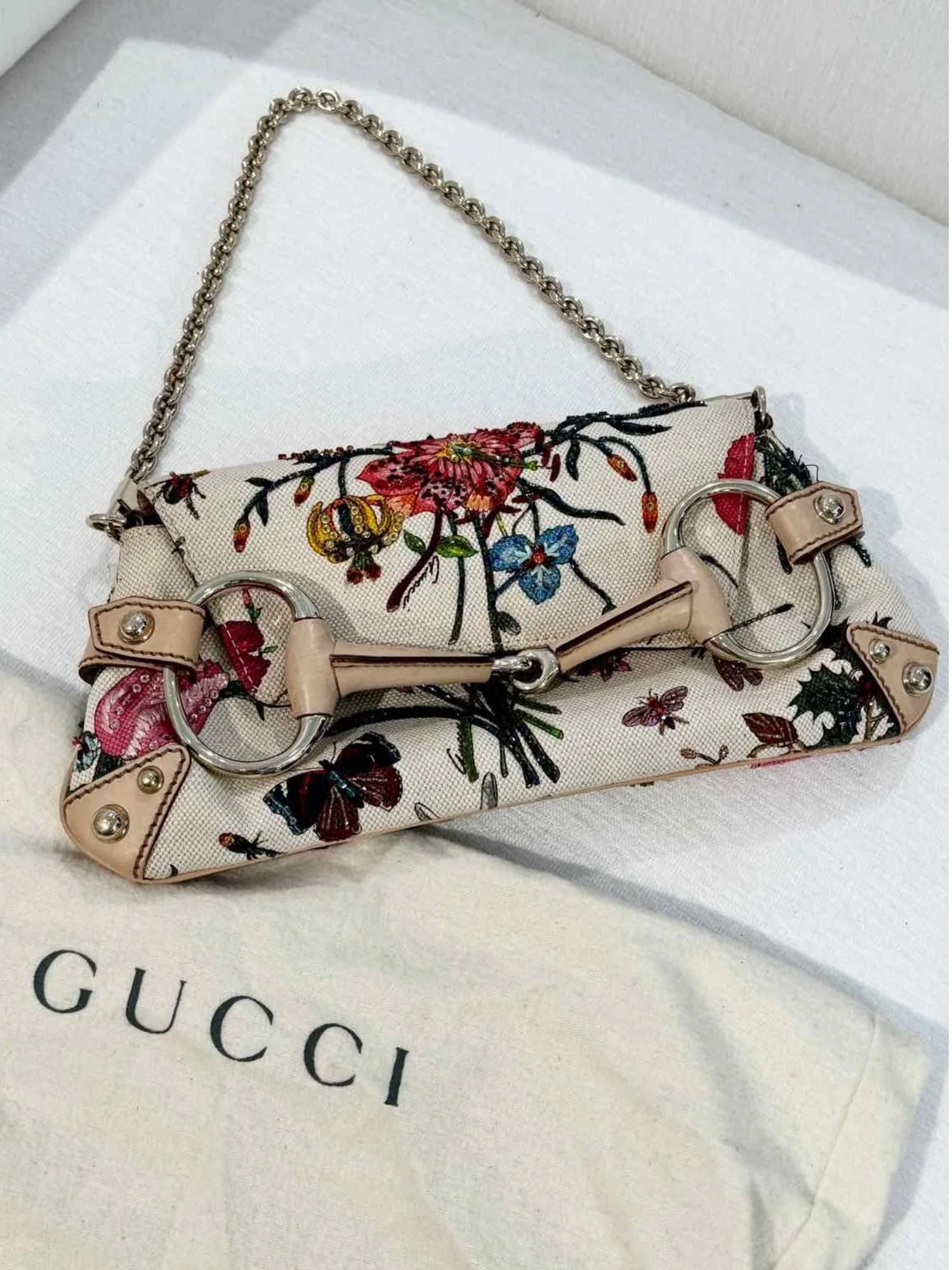 Beige Gucci Tom Ford Beaded Canvas Flora Floral Horsebit Bag