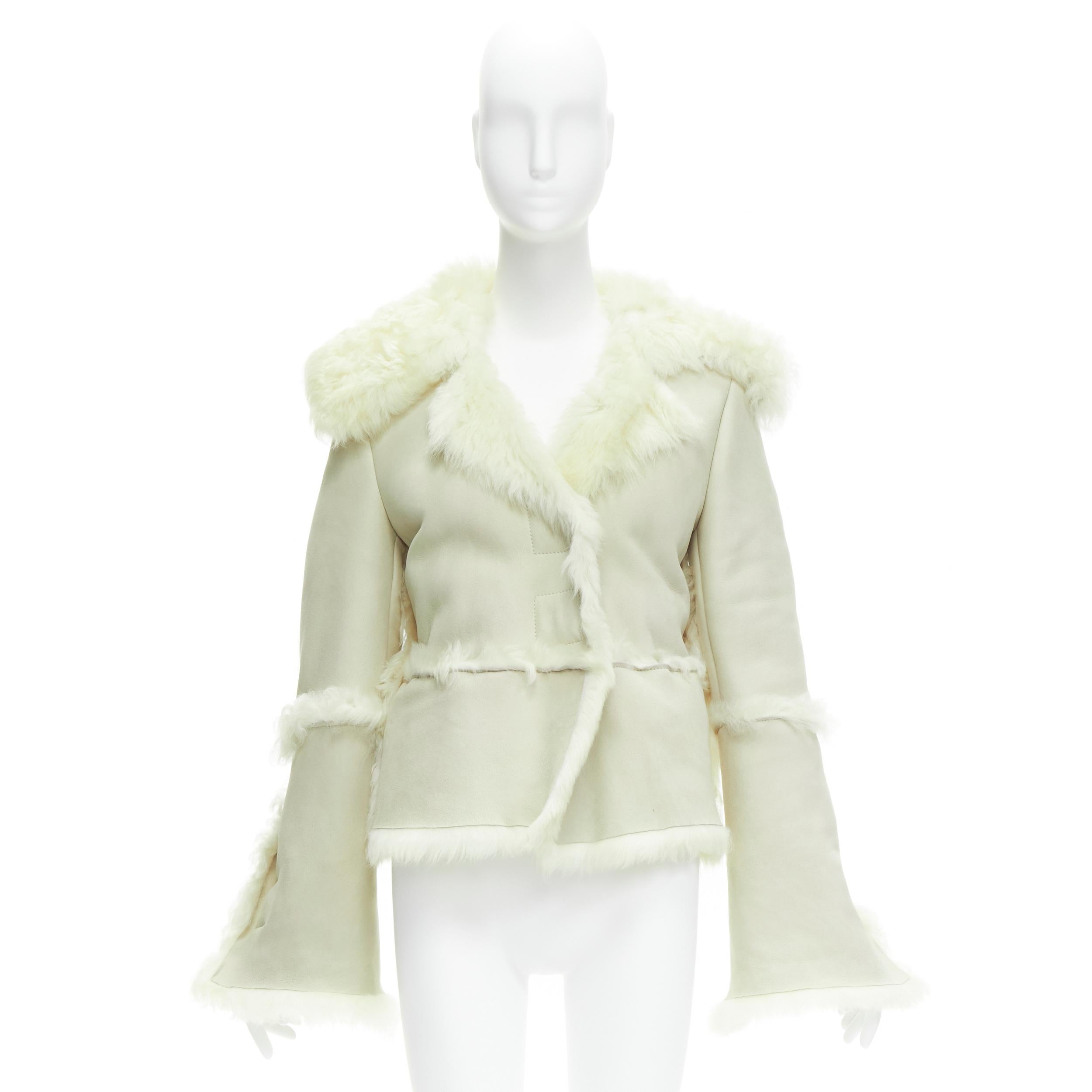 GUCCI Tom Ford cream shearling fur lined suede flared sleeve coat IT38 XS For Sale 9