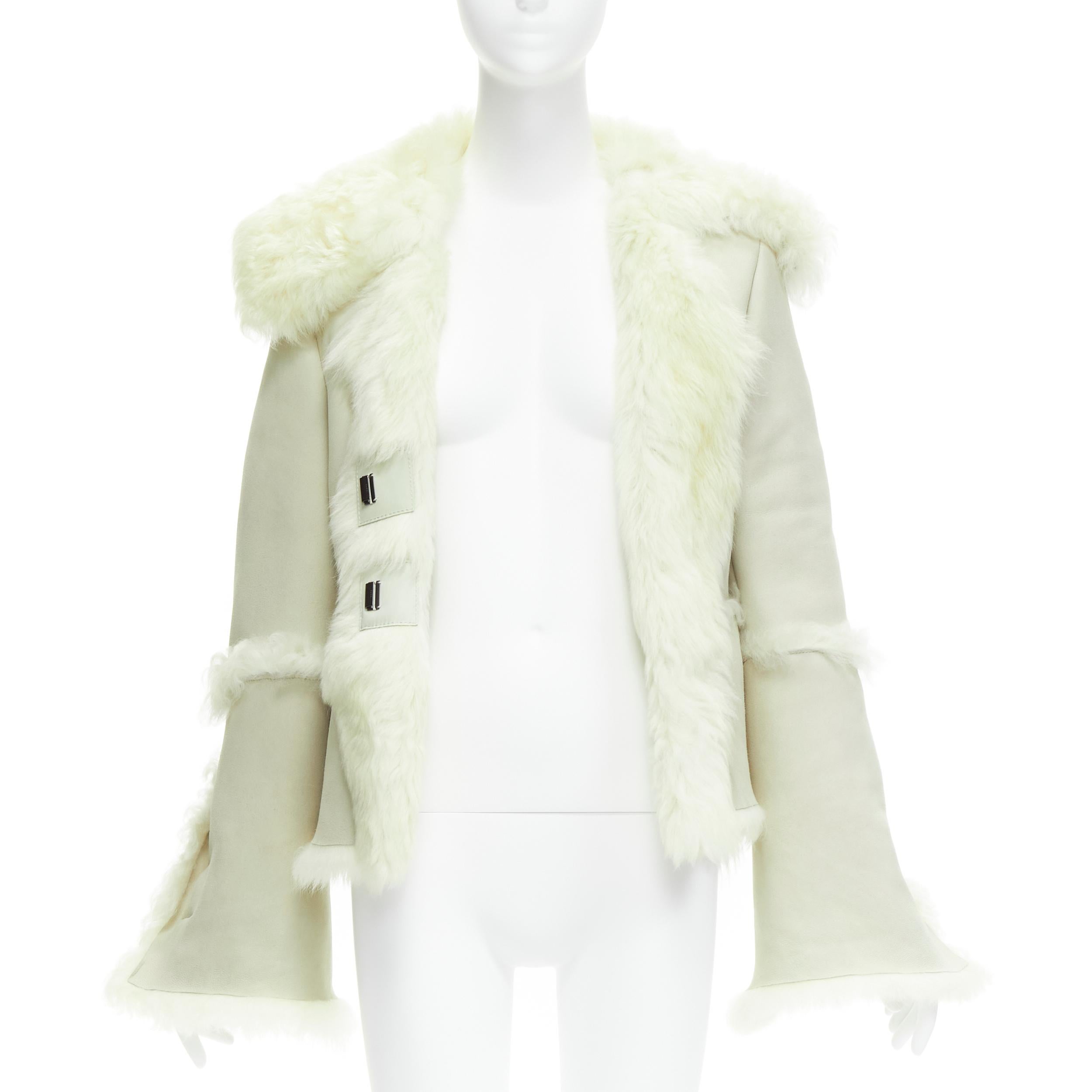 GUCCI Tom Ford cream shearling fur lined suede flared sleeve coat IT38 XS In Excellent Condition For Sale In Hong Kong, NT