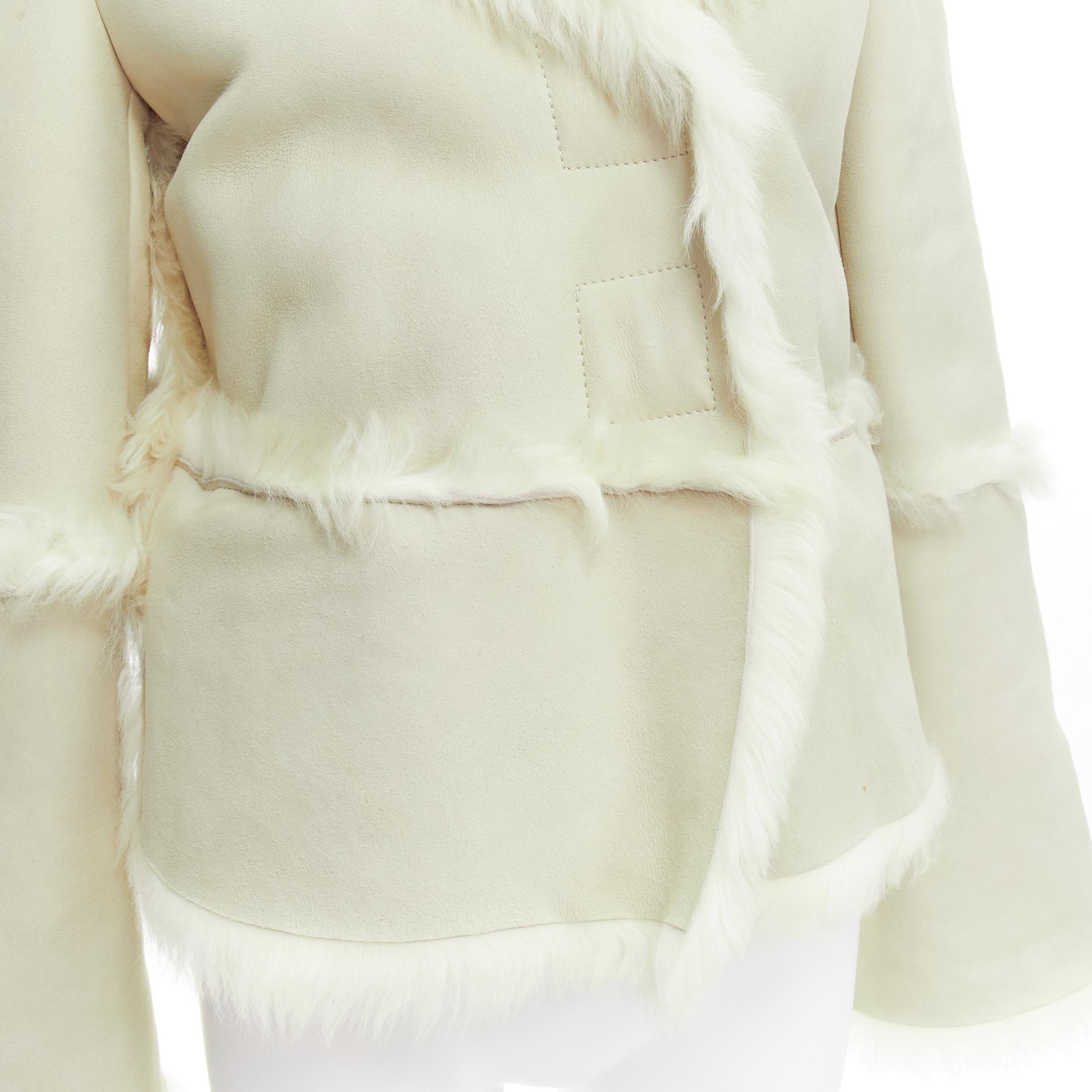 GUCCI Tom Ford cream shearling fur lined suede flared sleeve coat IT38 XS For Sale 5