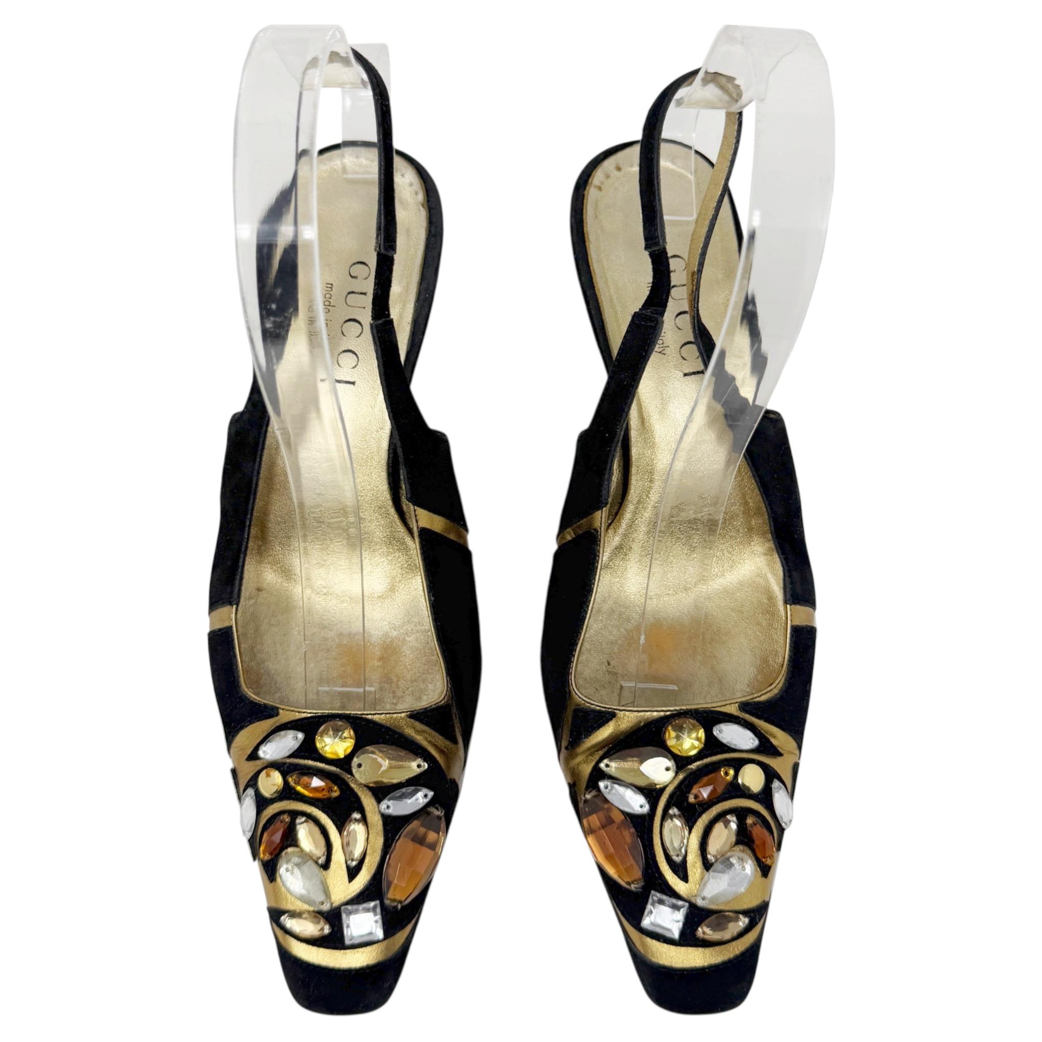 Gucci Tom Ford FW 2000 Runway Black Suede Gold Jewel Slingback Kitten Heels 7B