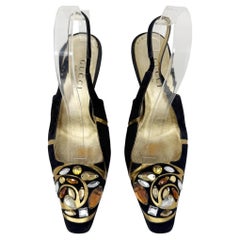Gucci Tom Ford FW 2000 Runway Black Suede Gold Jewel Slingback Kitten Heels 7B