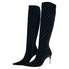 Gucci Tom Ford GG Monogram Velvet Bamboo Heel Knee High Pointed Toe Boots 8.5