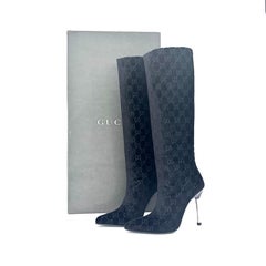 Gucci Tom Ford GG Monogram Velvet Black Knee High Pointed Toe Heeled Boots 6