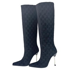 Gucci Tom Ford GG Monogram Velvet Black Knee High Pointed Toe Heeled Boots 6