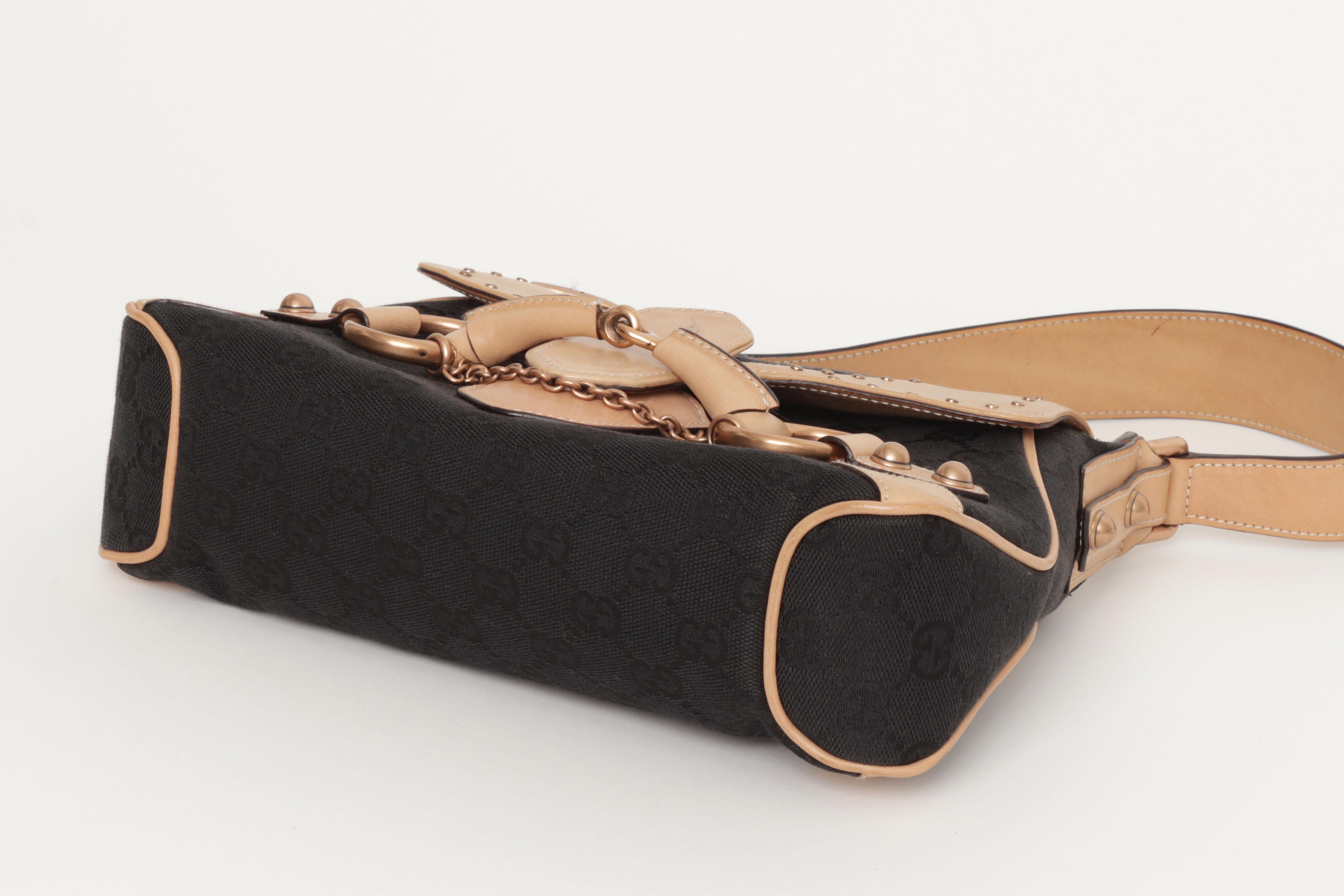 Gucci Tom Ford Horse Bit Chain Borsa a tracolla Black Monogram Canvas Beige Pelle in vendita 5