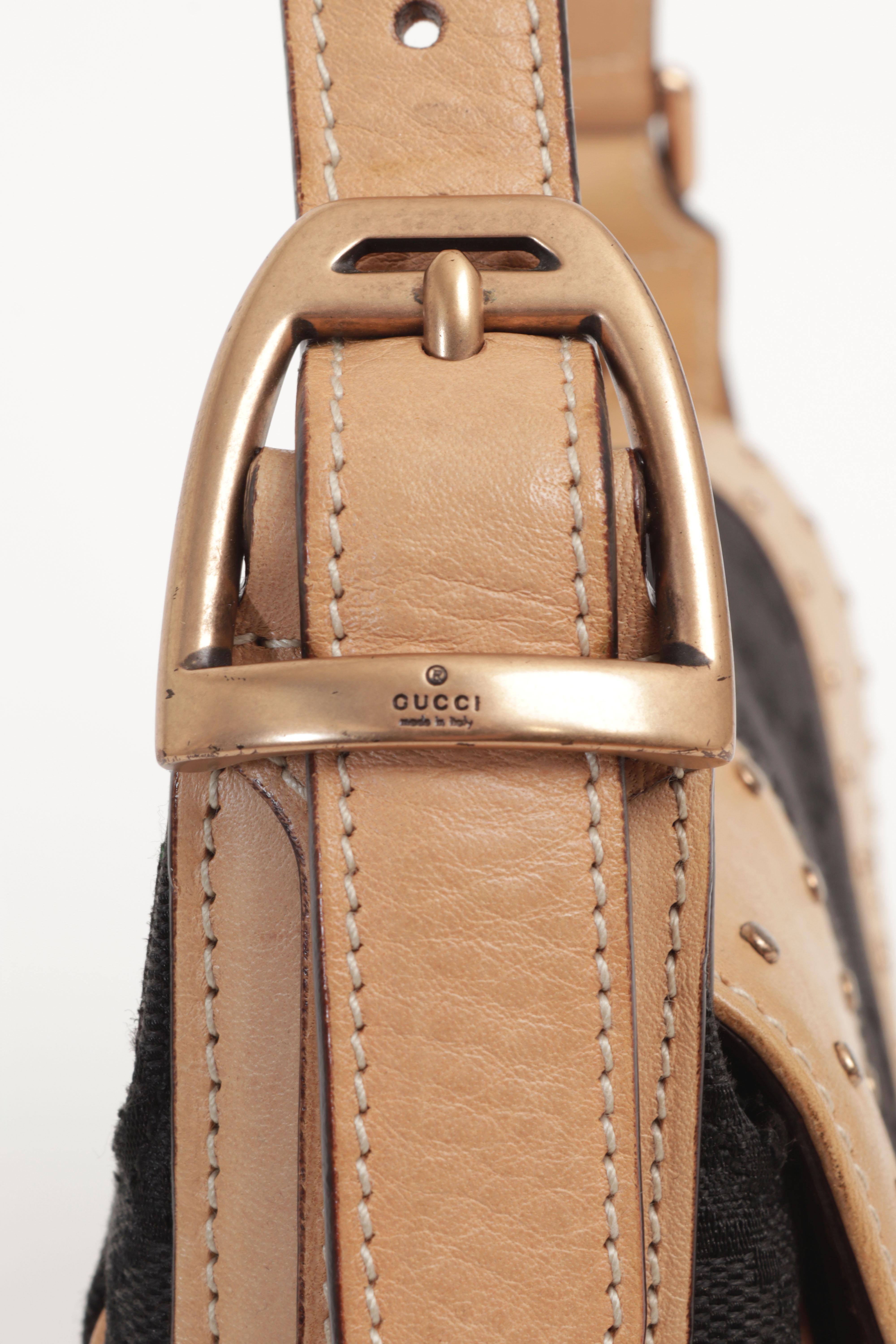 Gucci Tom Ford Horse Bit Chain Borsa a tracolla Black Monogram Canvas Beige Pelle in vendita 1