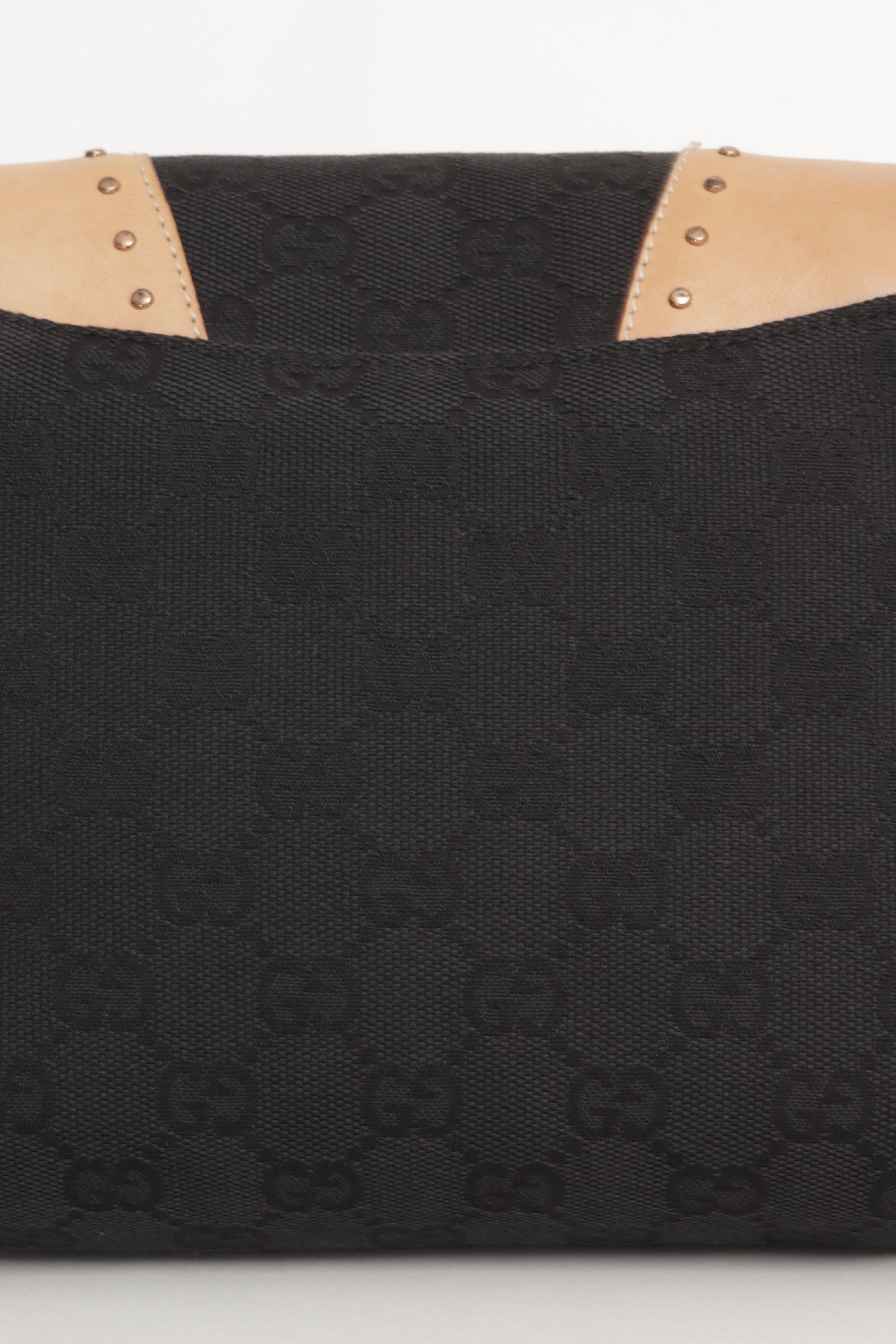 Gucci Tom Ford Horse Bit Chain Borsa a tracolla Black Monogram Canvas Beige Pelle in vendita 2