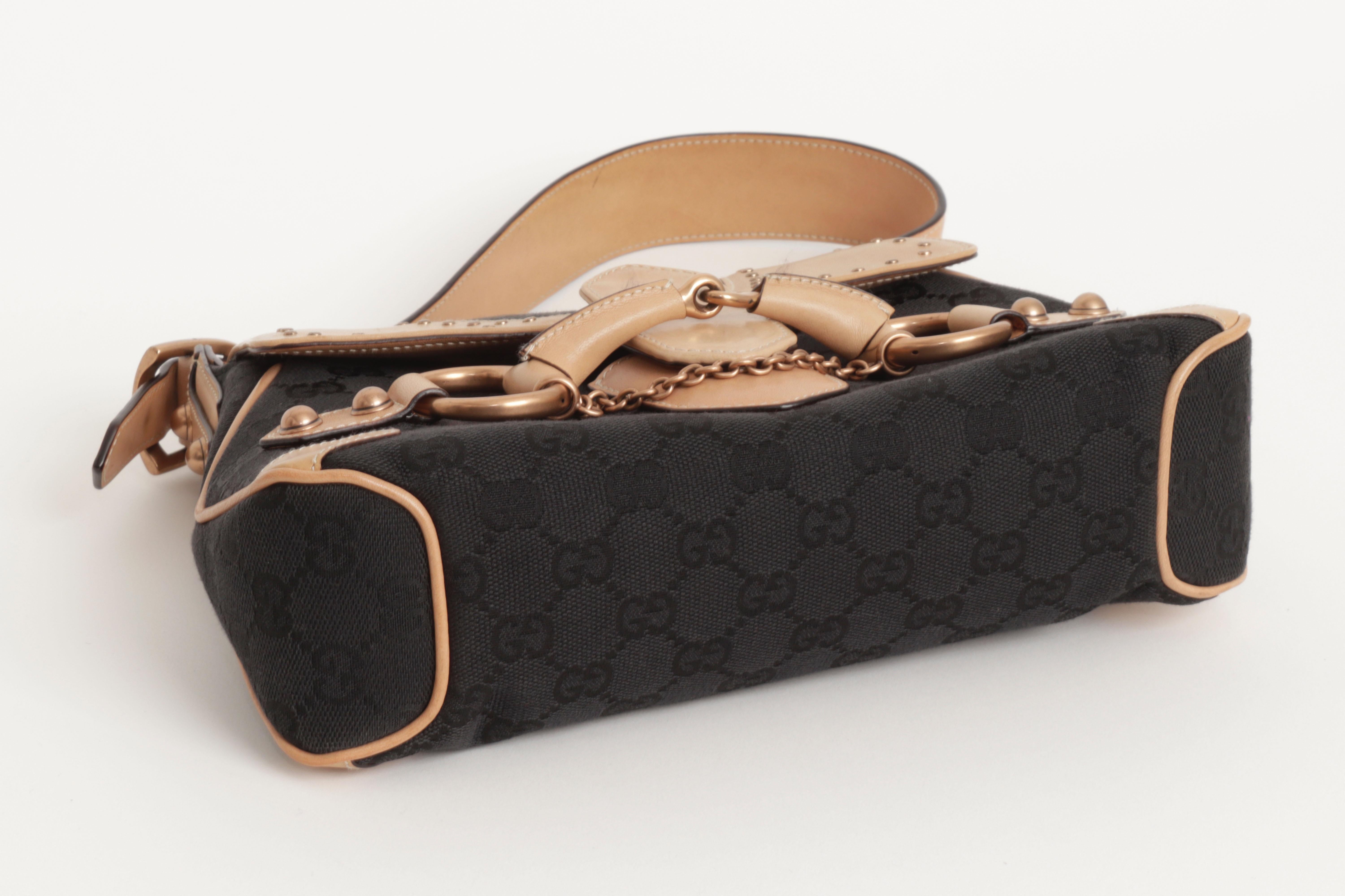 Gucci Tom Ford Horse Bit Chain Borsa a tracolla Black Monogram Canvas Beige Pelle in vendita 4