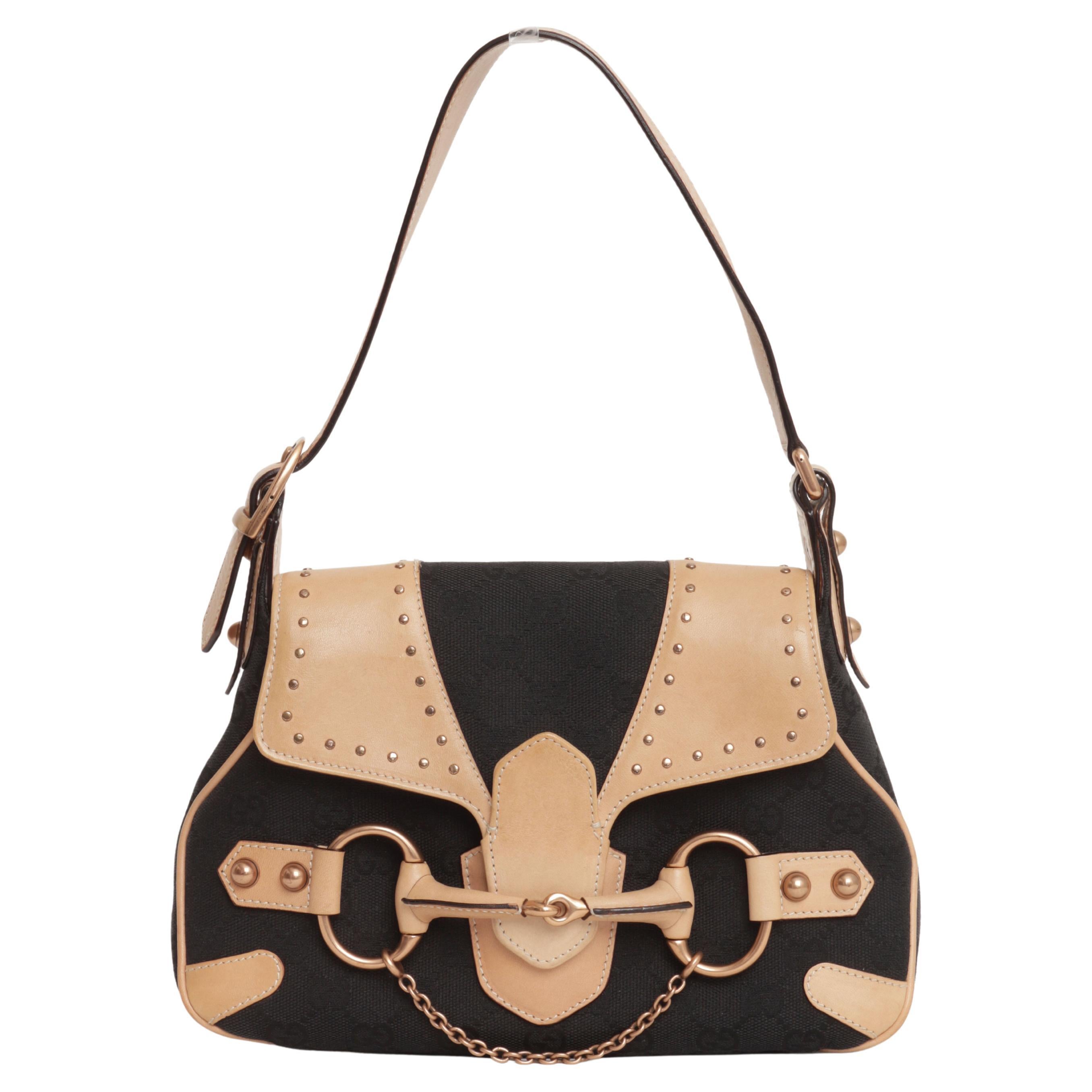 Gucci Tom Ford Horse Bit Chain Borsa a tracolla Black Monogram Canvas Beige Pelle in vendita