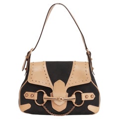 Gucci Tom Ford Horse Bit Chain Shoulder Bag Black Monogram Canvas Beige Leather