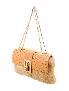 Gucci Tom Ford Ostrich Leather Exotic Mink Fur Gold Evening Shoulder Flap Bag