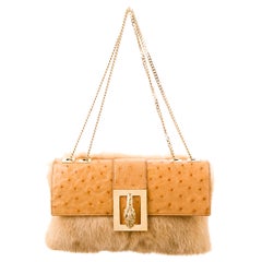 Gucci Tom Ford Ostrich Leather Exotic Mink Fur Gold Evening Shoulder Flap Bag