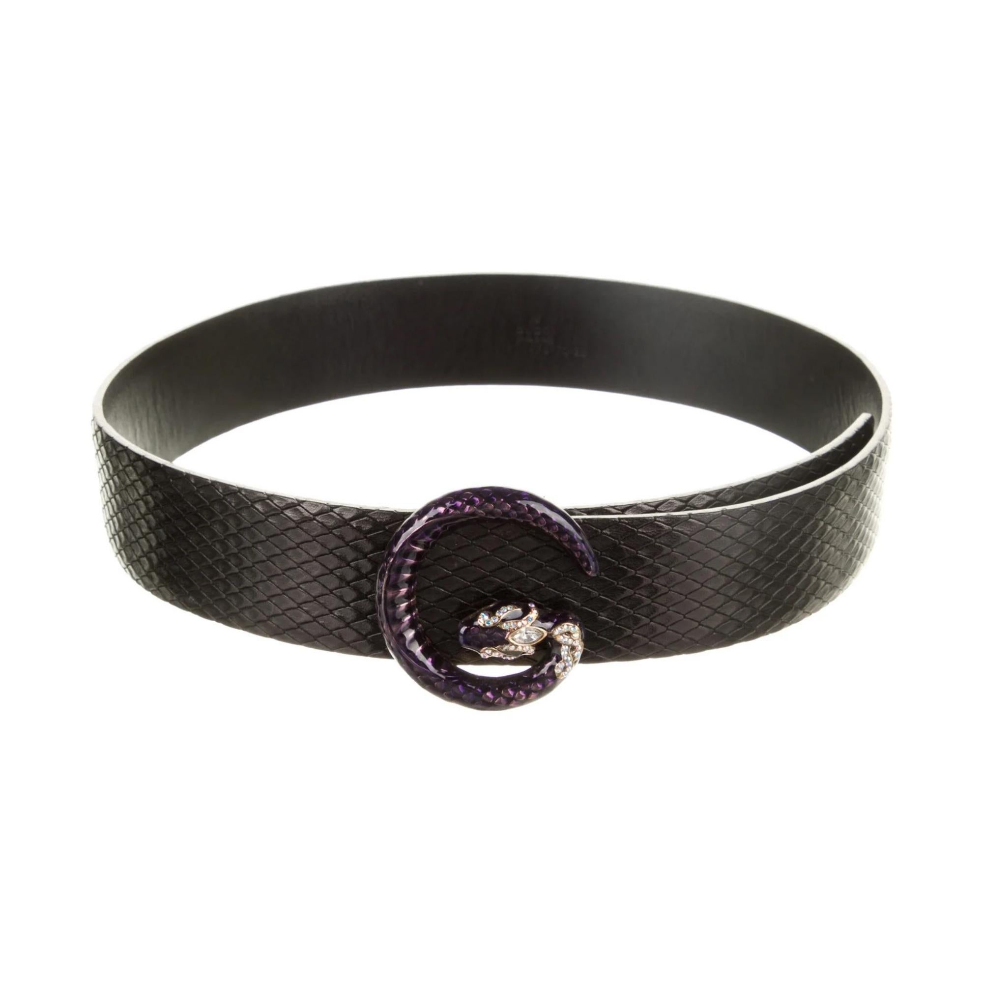 Gucci Tom Ford Python Schwarzer Python-Schlangengürtel aus Leder in Violett mit G-Logo (85/34) im Angebot 3