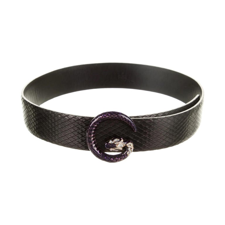 Gucci Tom Ford Python Black Leather Purple G Logo Snake Belt  display picture 3