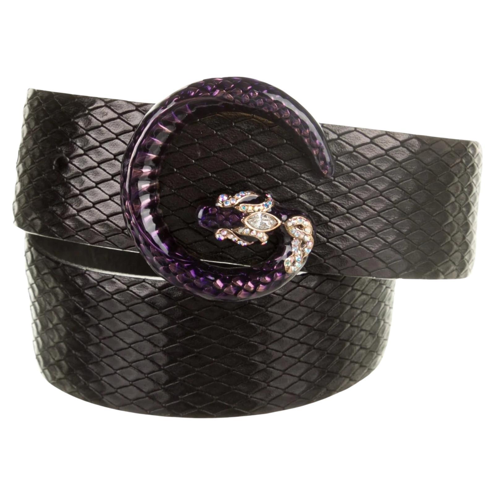 Gucci Tom Ford Python Schwarzer Python-Schlangengürtel aus Leder in Violett mit G-Logo (85/34) im Angebot