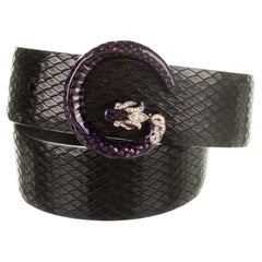 Gucci Tom for Gucci Ceinture en python, cuir noir, logo G violet, serpent (85/34)