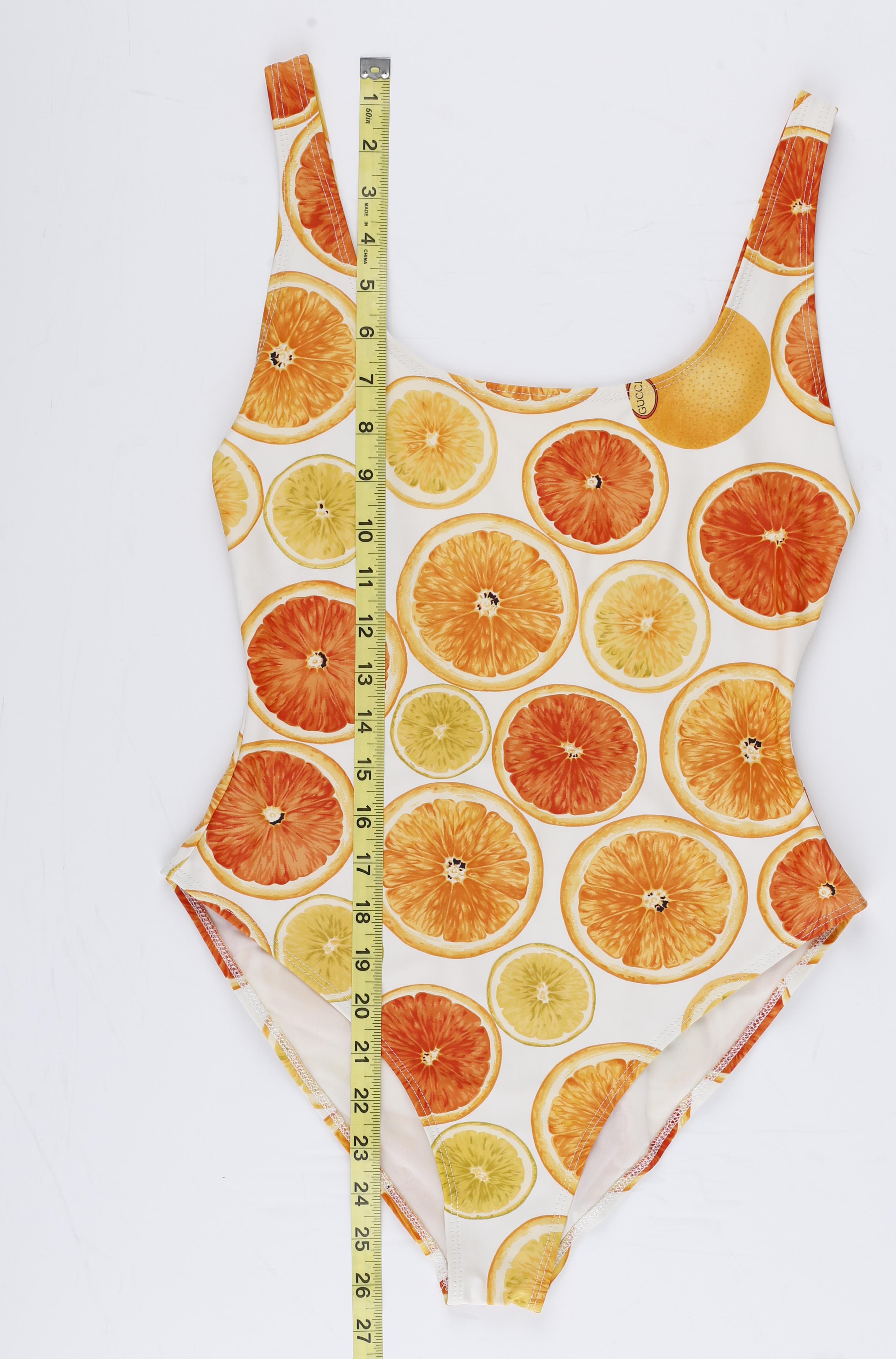 Gucci Tom Ford S/S 1995 Orange Citrus Fruit Print Plunge Back One Piece Swimsuit For Sale 8