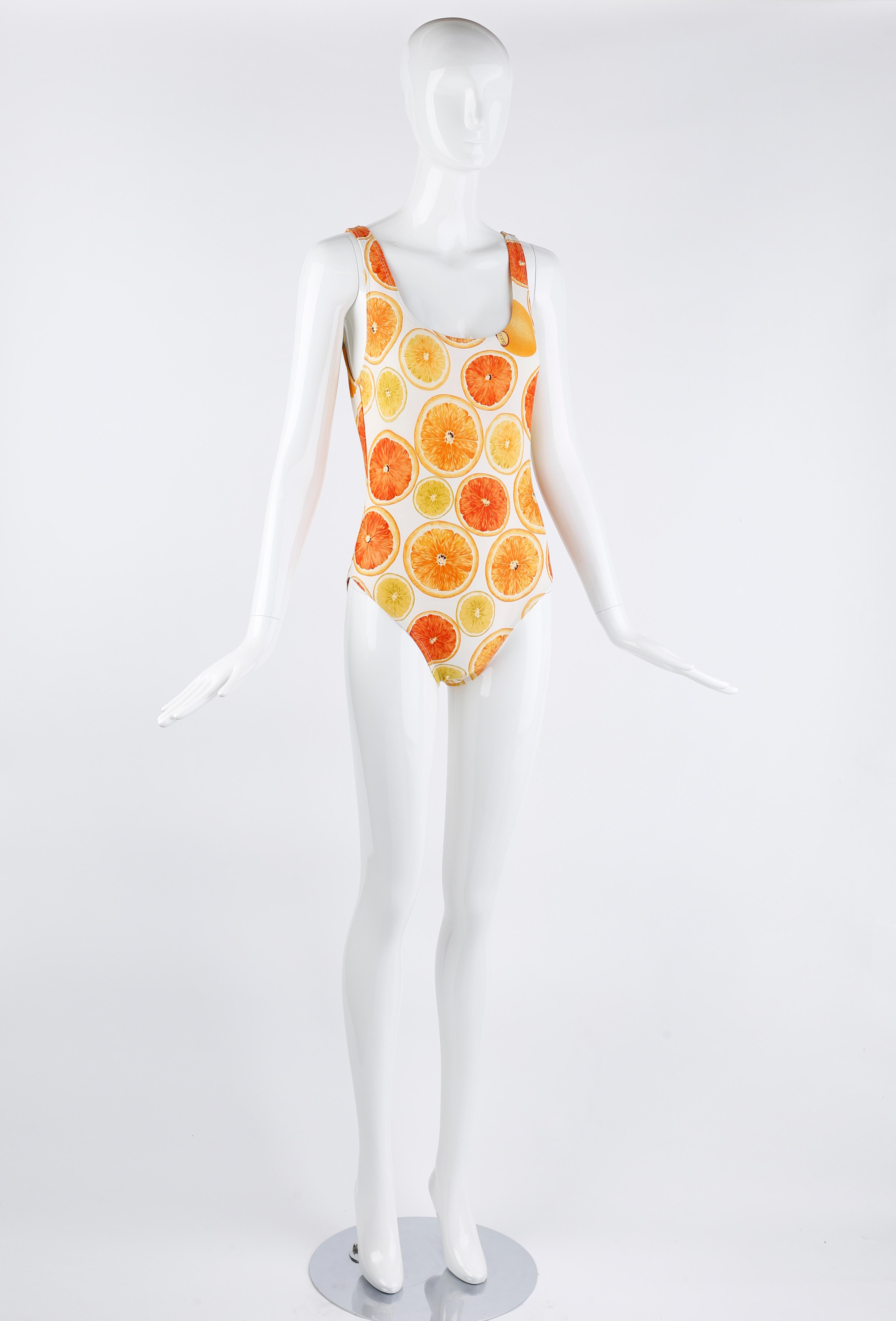 Gucci Tom Ford S/S 1995 Orange Citrus Fruit Print Plunge Back One Piece Swimsuit In Good Condition For Sale In Chicago, IL