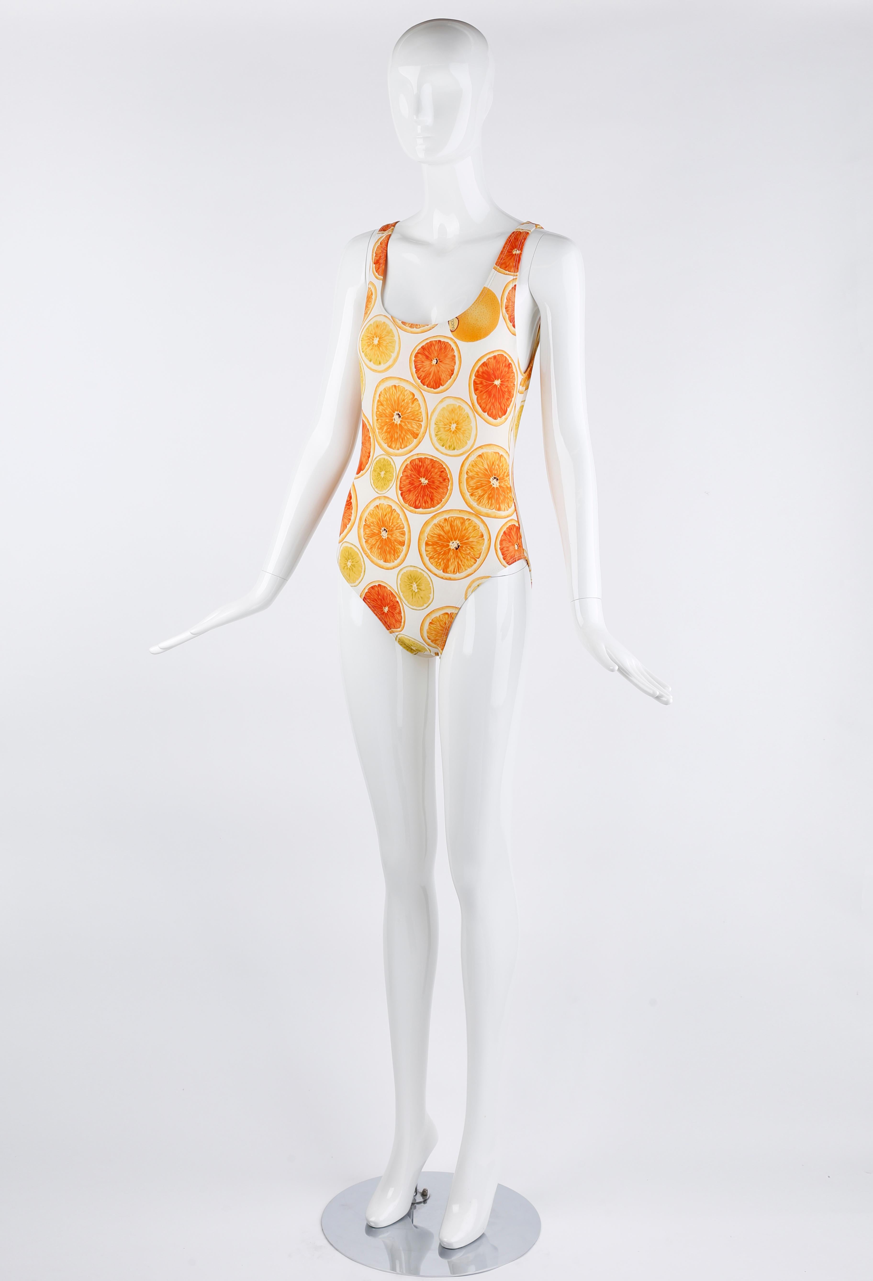 Women's Gucci Tom Ford S/S 1995 Orange Citrus Fruit Print Plunge Back One Piece Swimsuit For Sale