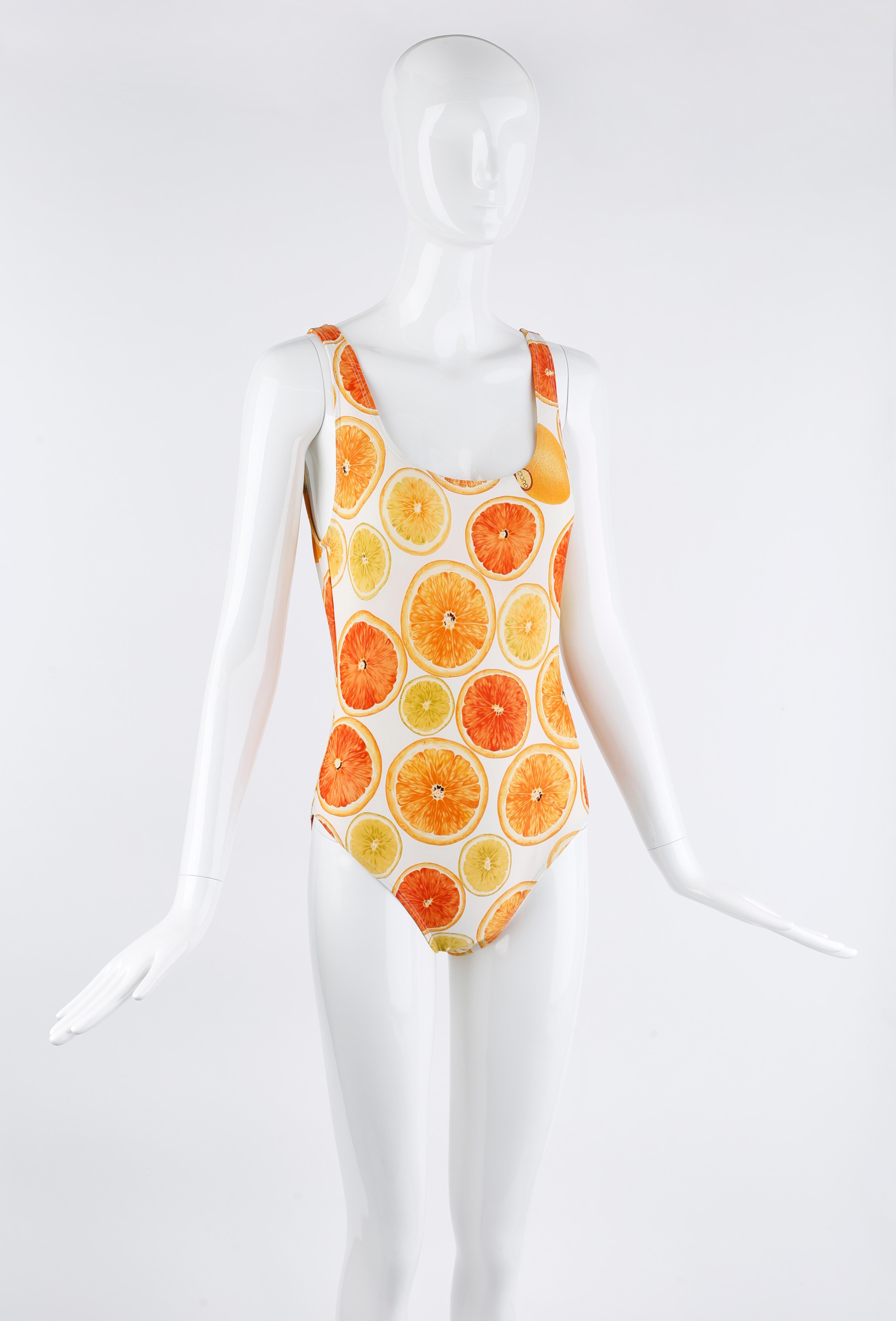 Gucci Tom Ford S/S 1995 Orange Citrus Fruit Print Plunge Back One Piece Swimsuit For Sale 1