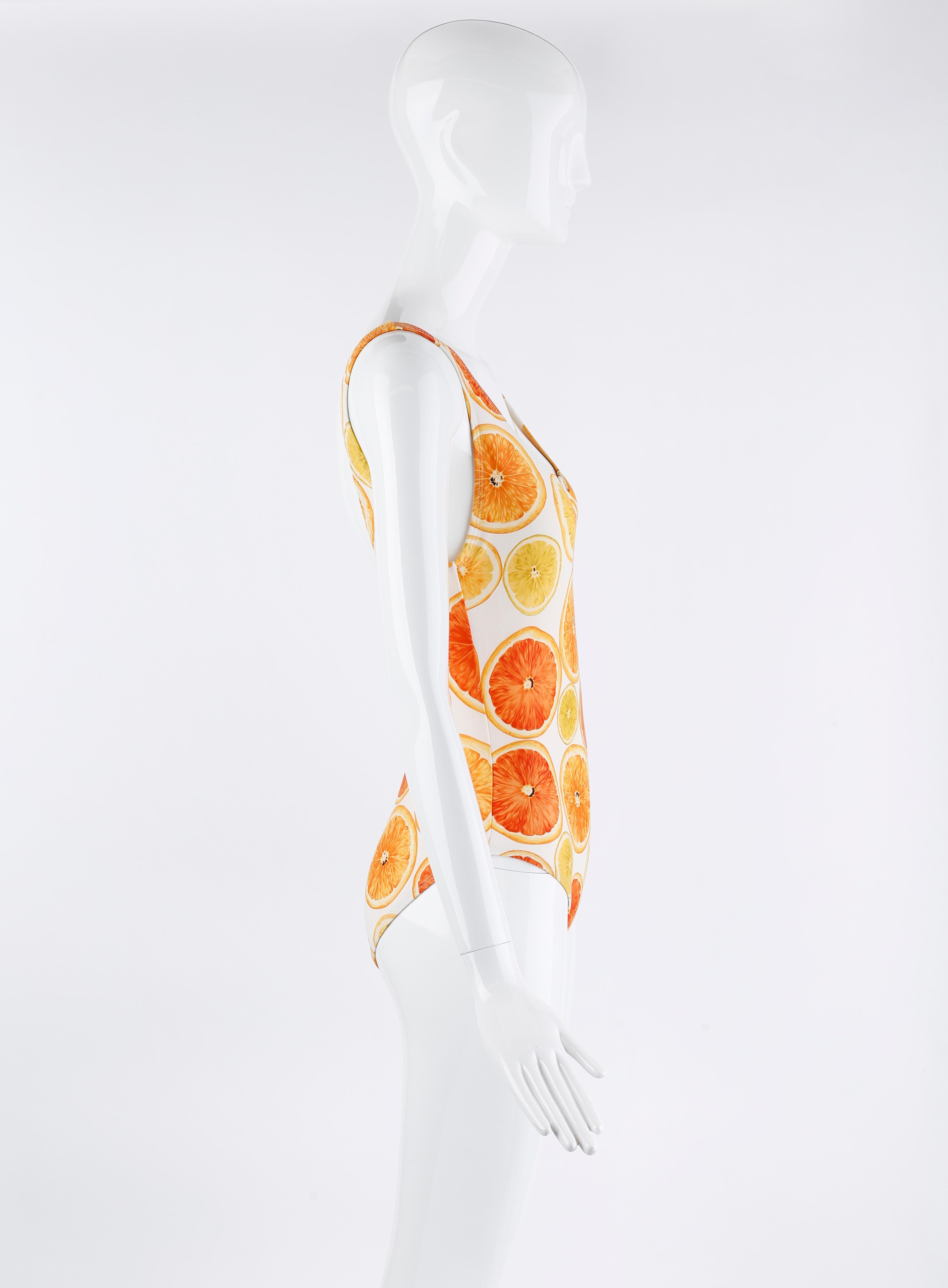 Gucci Tom Ford S/S 1995 Orange Citrus Fruit Print Plunge Back One Piece Swimsuit For Sale 2