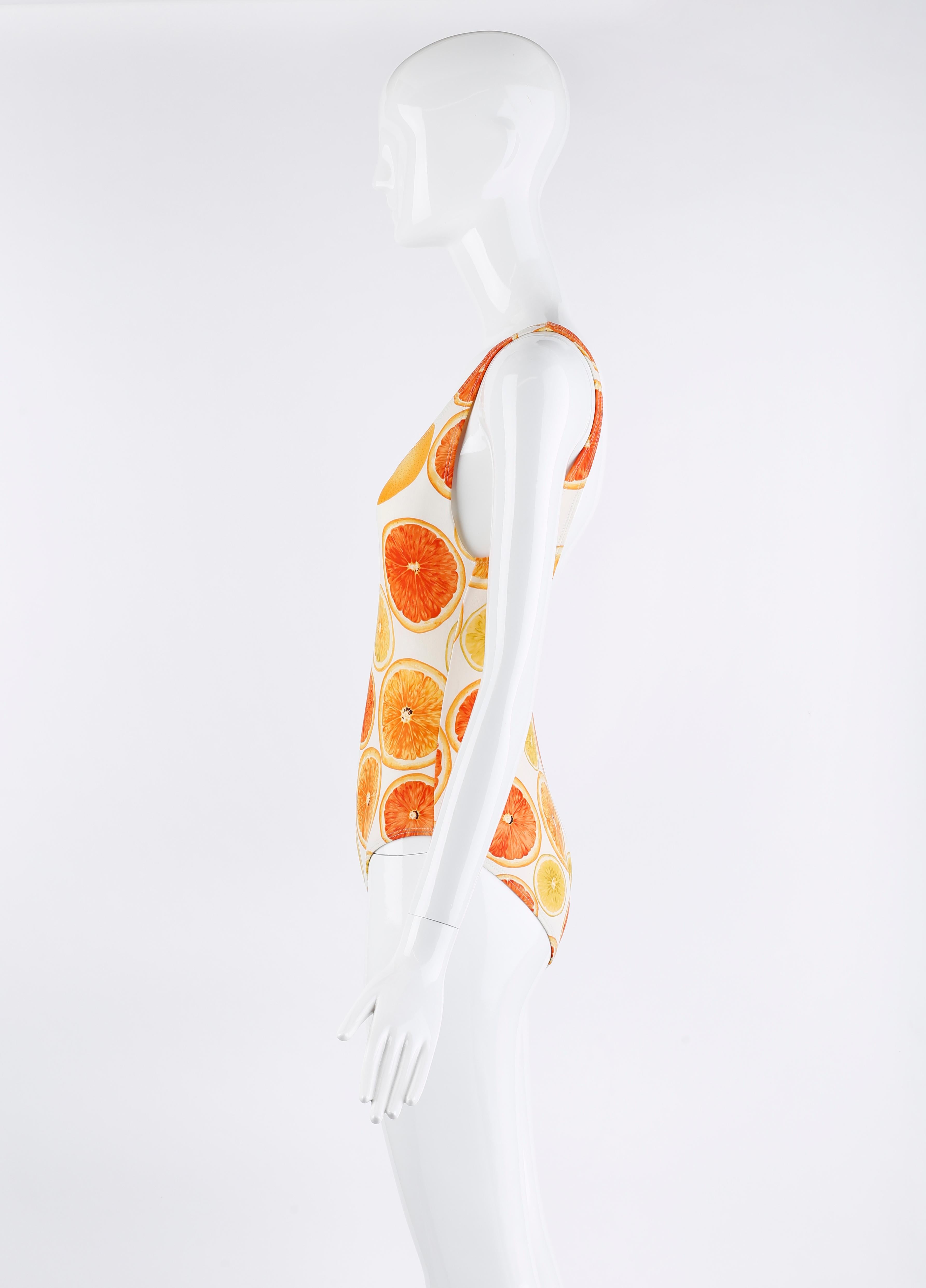 Gucci Tom Ford S/S 1995 Orange Citrus Fruit Print Plunge Back One Piece Swimsuit For Sale 4